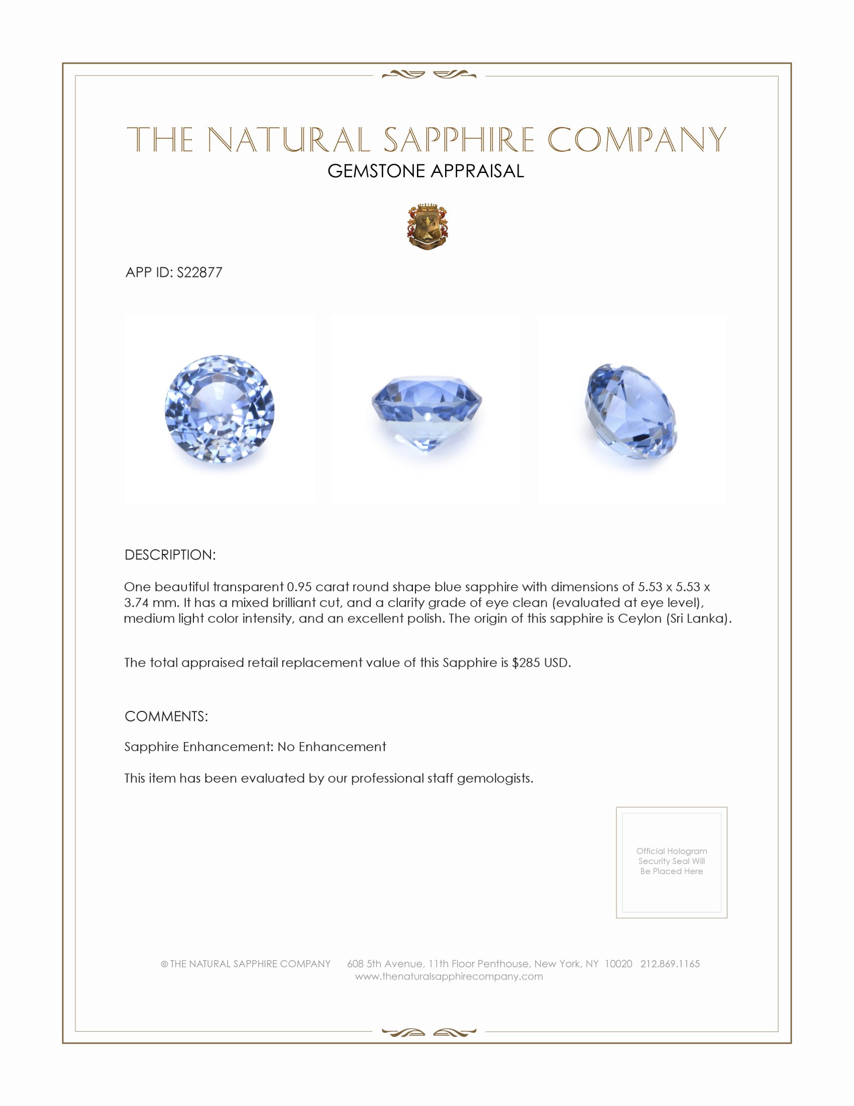 0.95 Ct. Blue Sapphire from Ceylon (Sri Lanka)