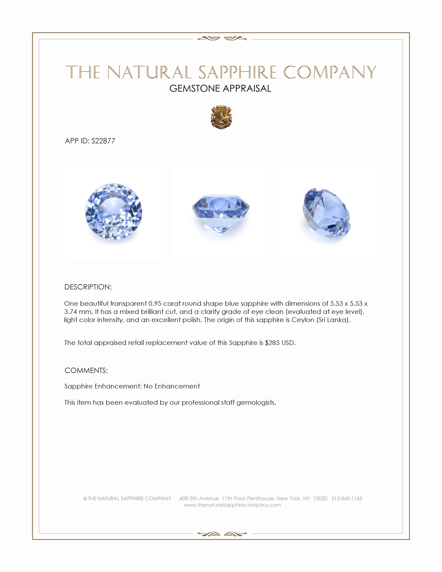 0.95 Ct. Blue Sapphire from Ceylon (Sri Lanka)