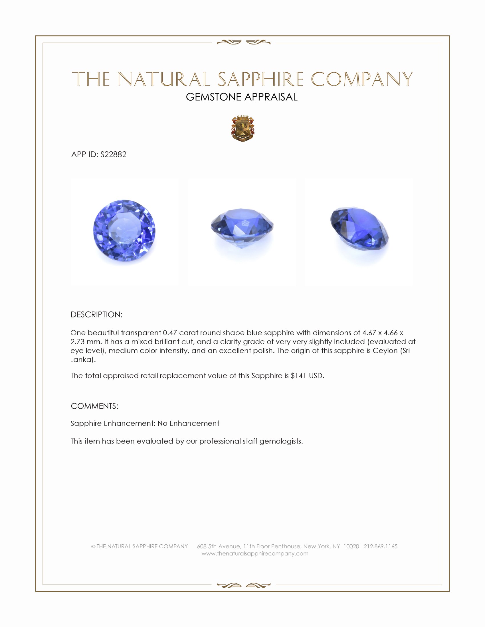 0.47 Ct. Blue Sapphire from Ceylon (Sri Lanka)