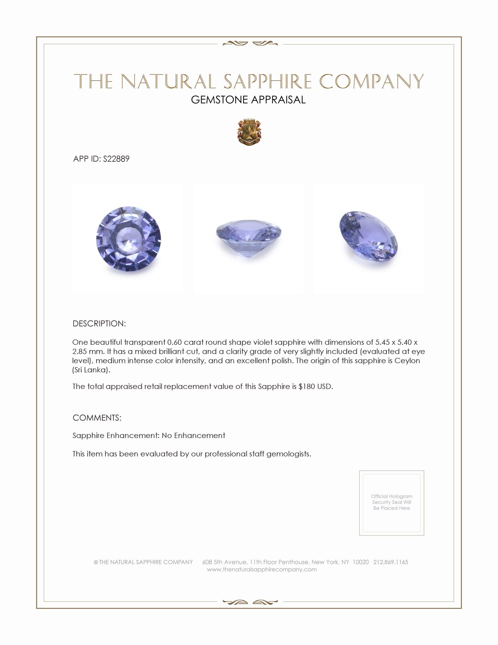 0.60 Ct. Violet Sapphire from Ceylon (Sri Lanka)