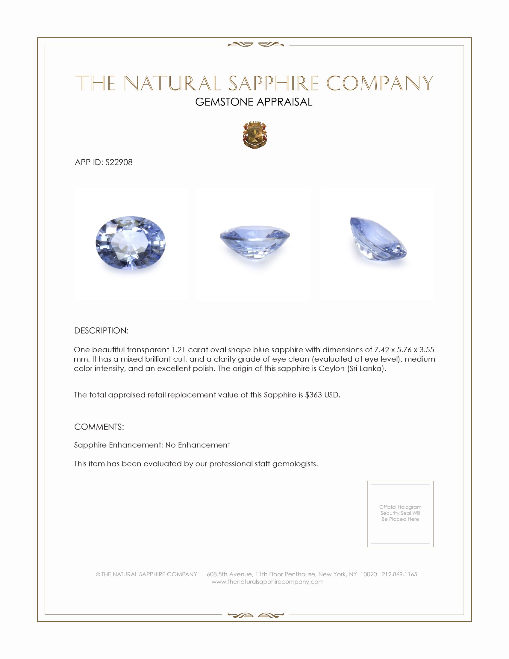 1.21 Ct. Blue Sapphire from Ceylon (Sri Lanka)