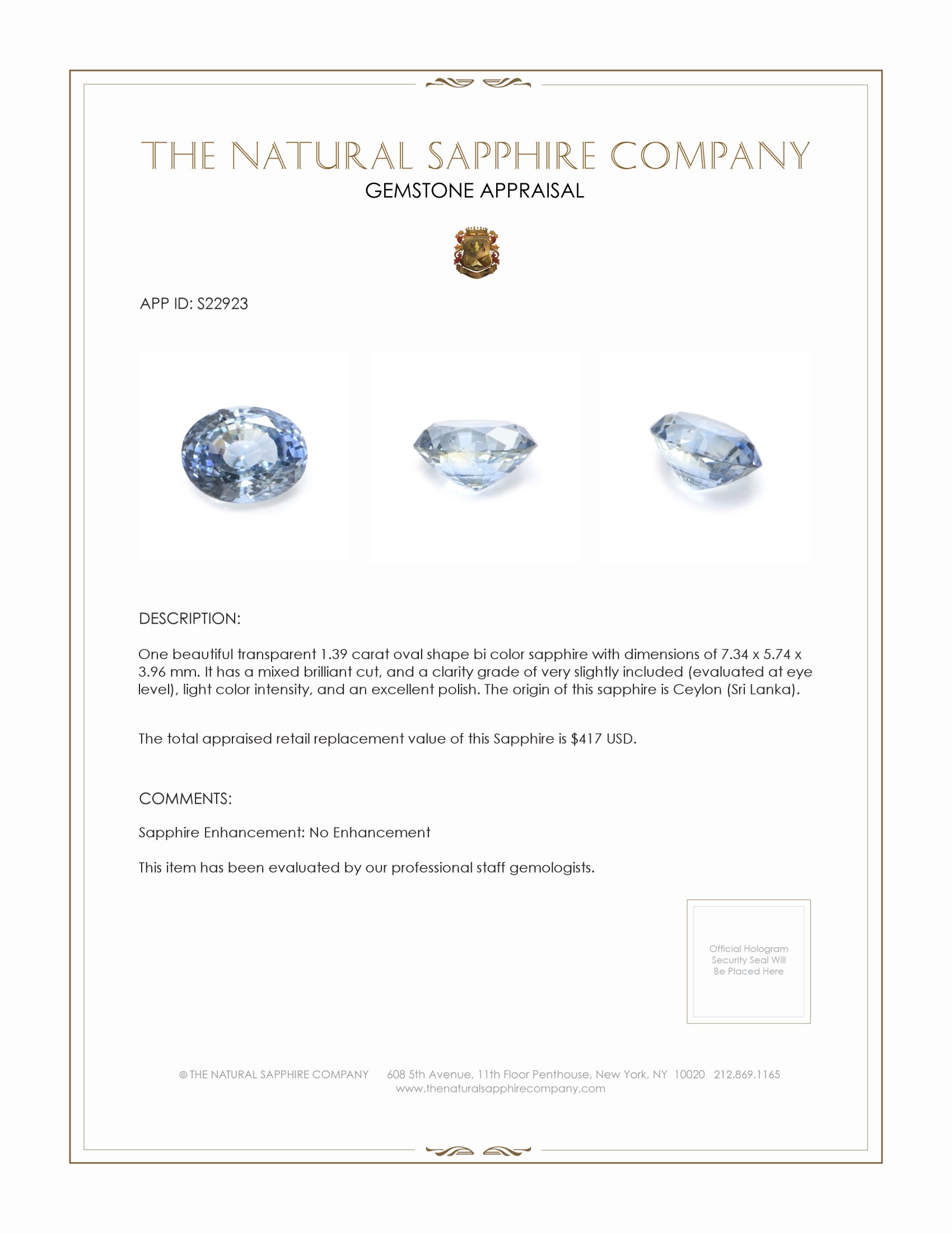 1.39 Ct. Bi Color Sapphire from Ceylon (Sri Lanka)