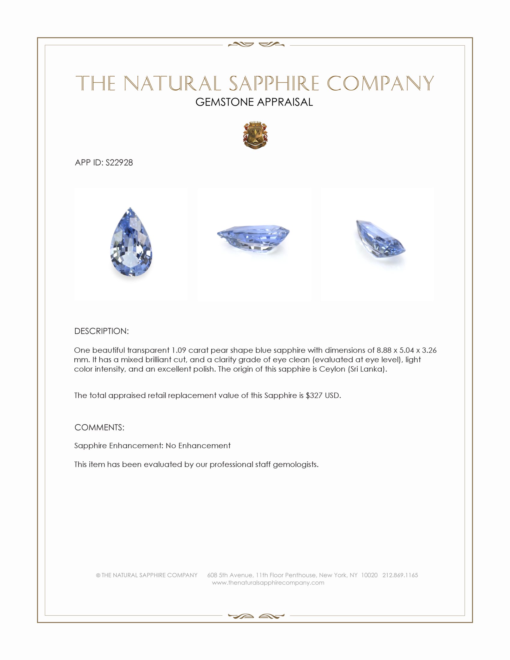 1.09 Ct. Blue Sapphire from Ceylon (Sri Lanka)