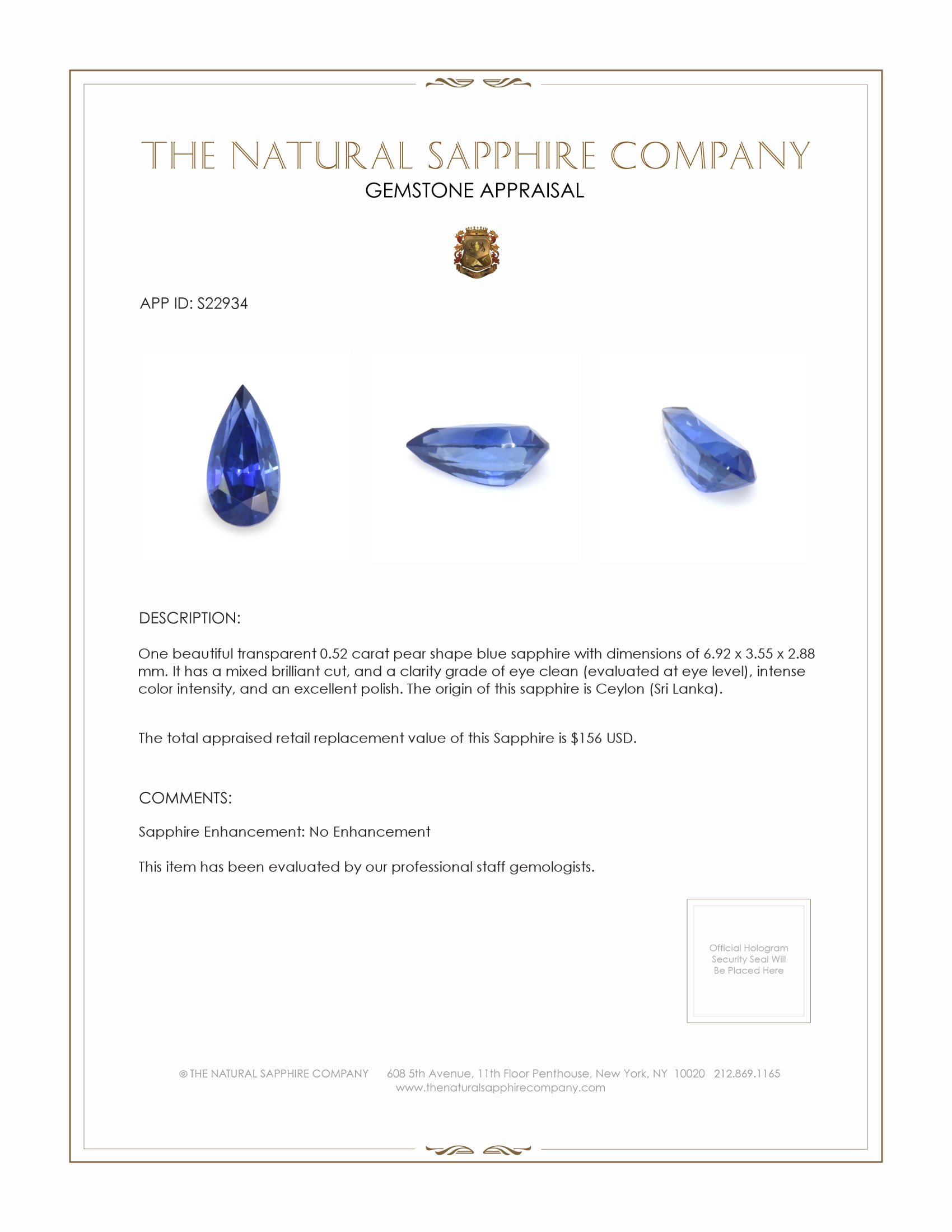 0.52 Ct. Blue Sapphire from Ceylon (Sri Lanka)