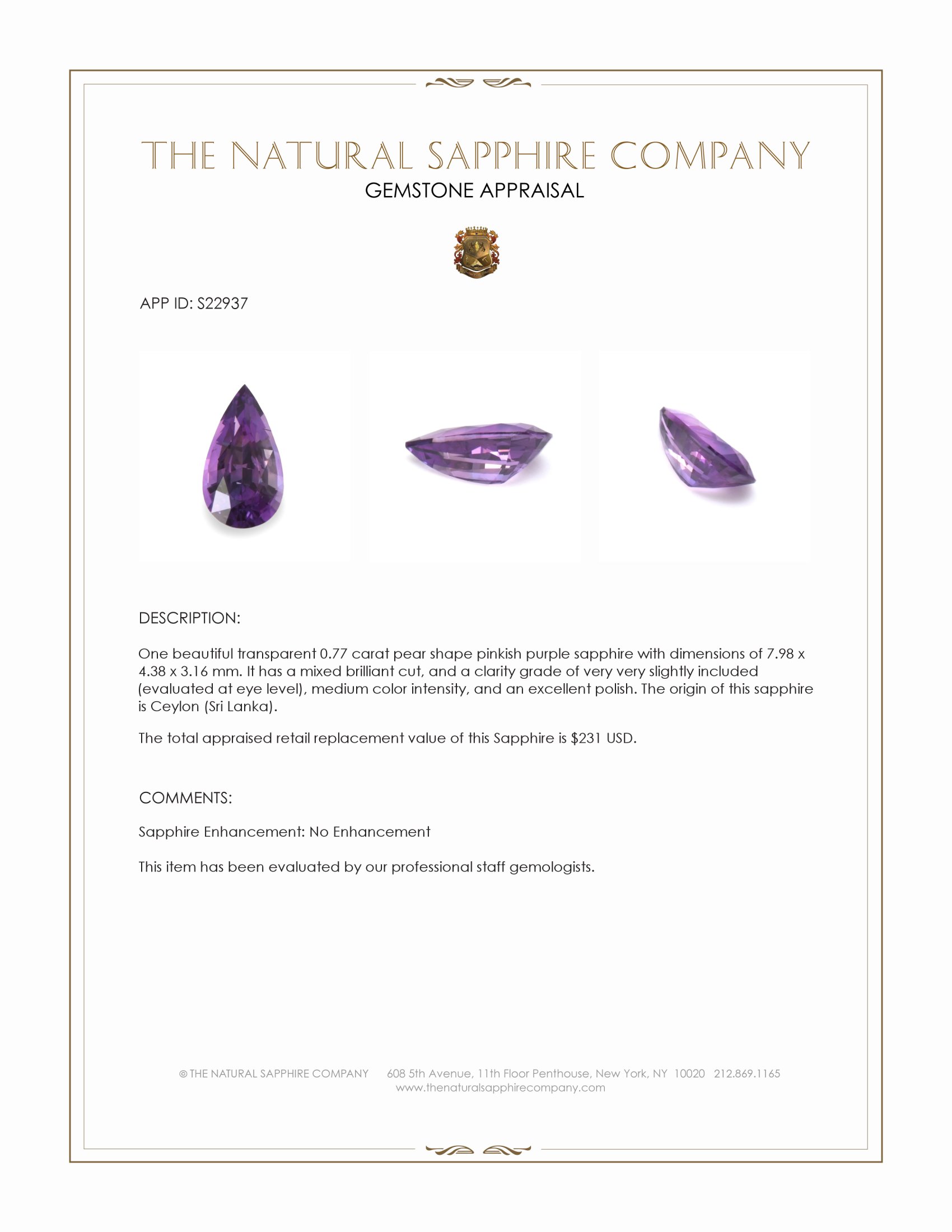 0.77 Ct. Pinkish Purple Sapphire from Ceylon (Sri Lanka)