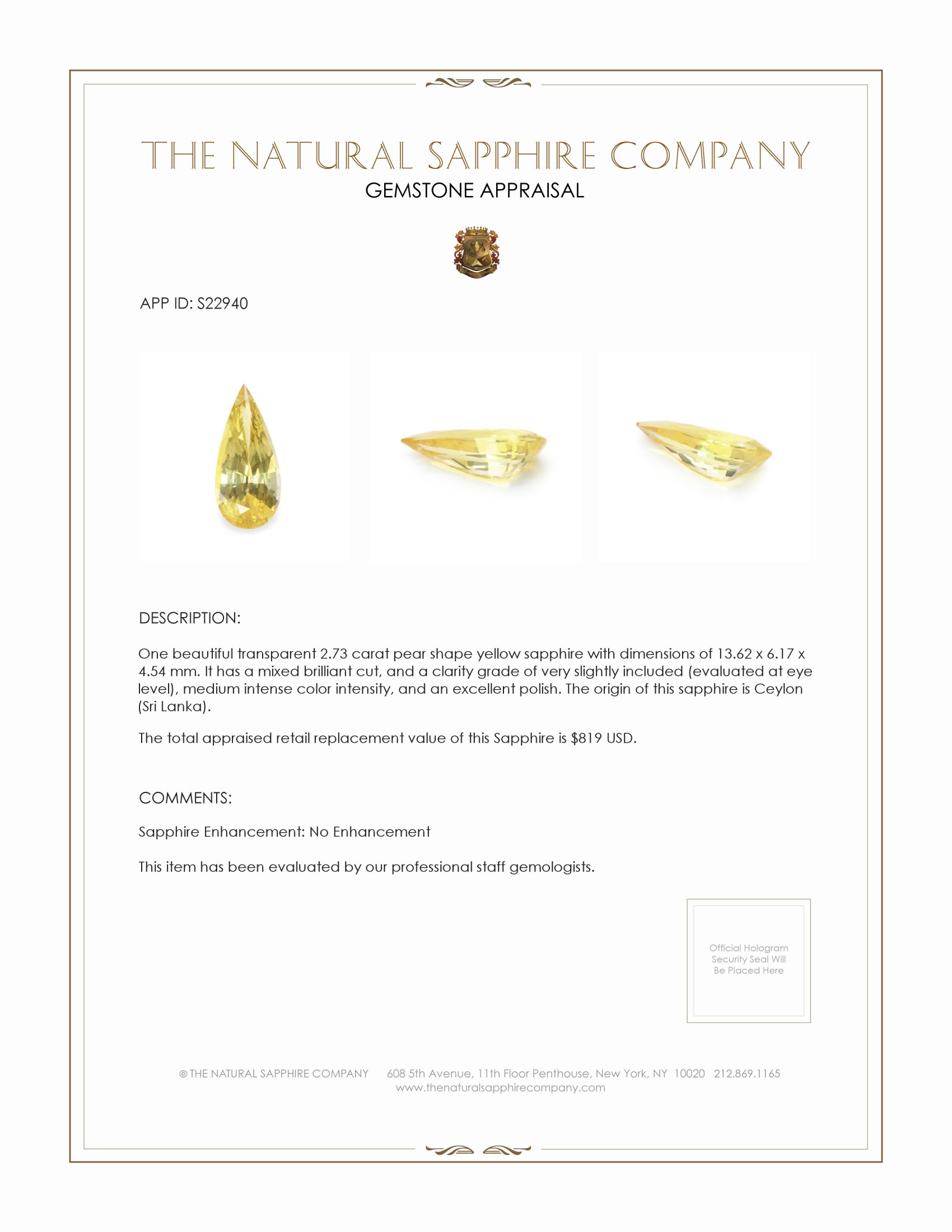 2.73 Ct. Yellow Sapphire from Ceylon (Sri Lanka)