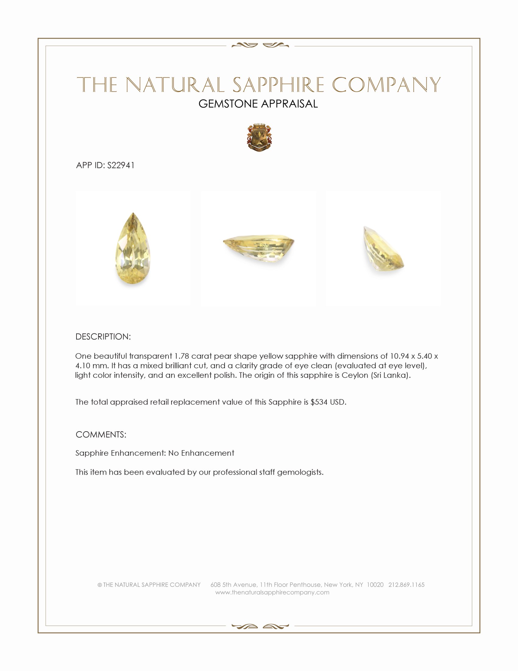 1.78 Ct. Yellow Sapphire from Ceylon (Sri Lanka)