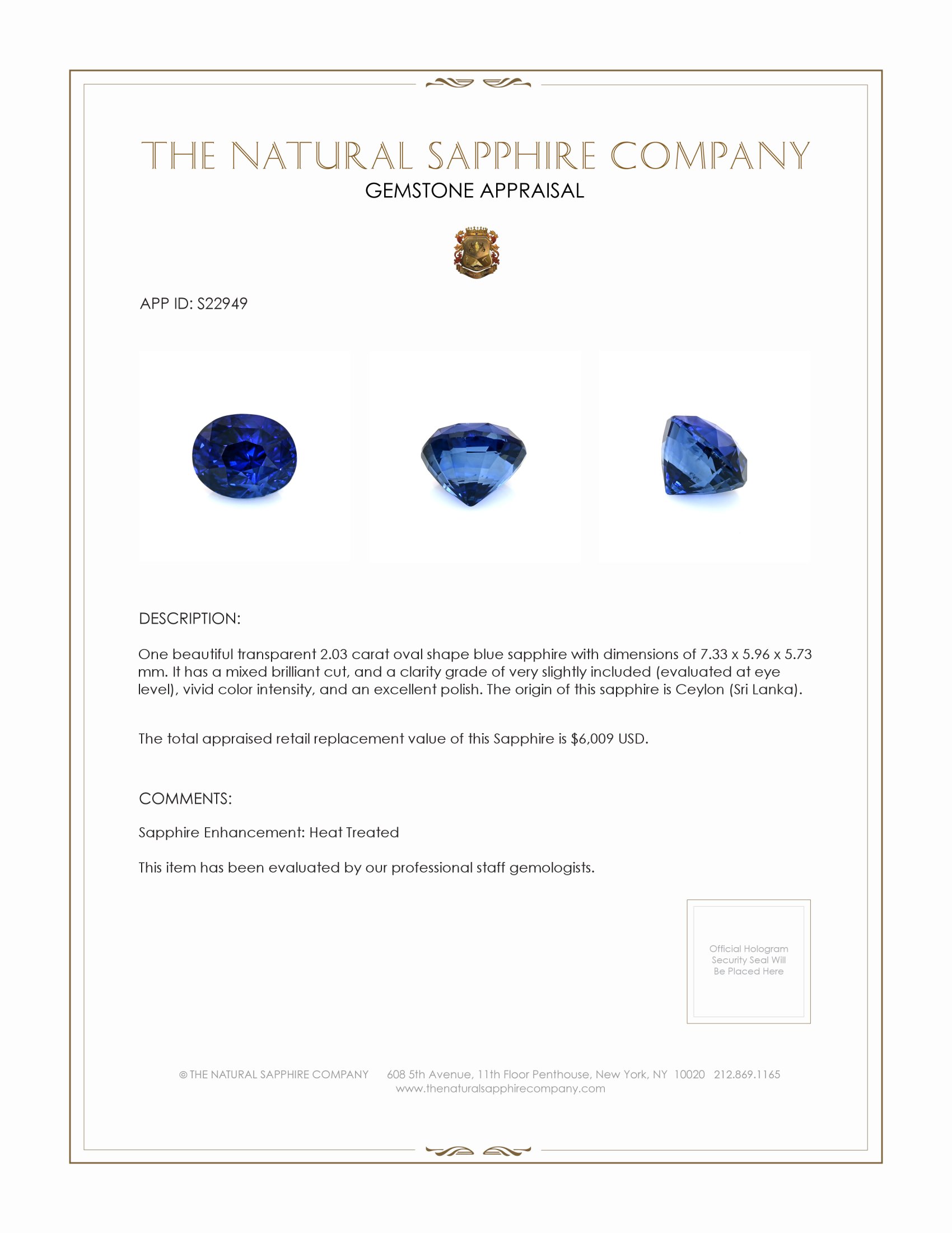 2.03 Ct. Blue Sapphire from Ceylon (Sri Lanka)