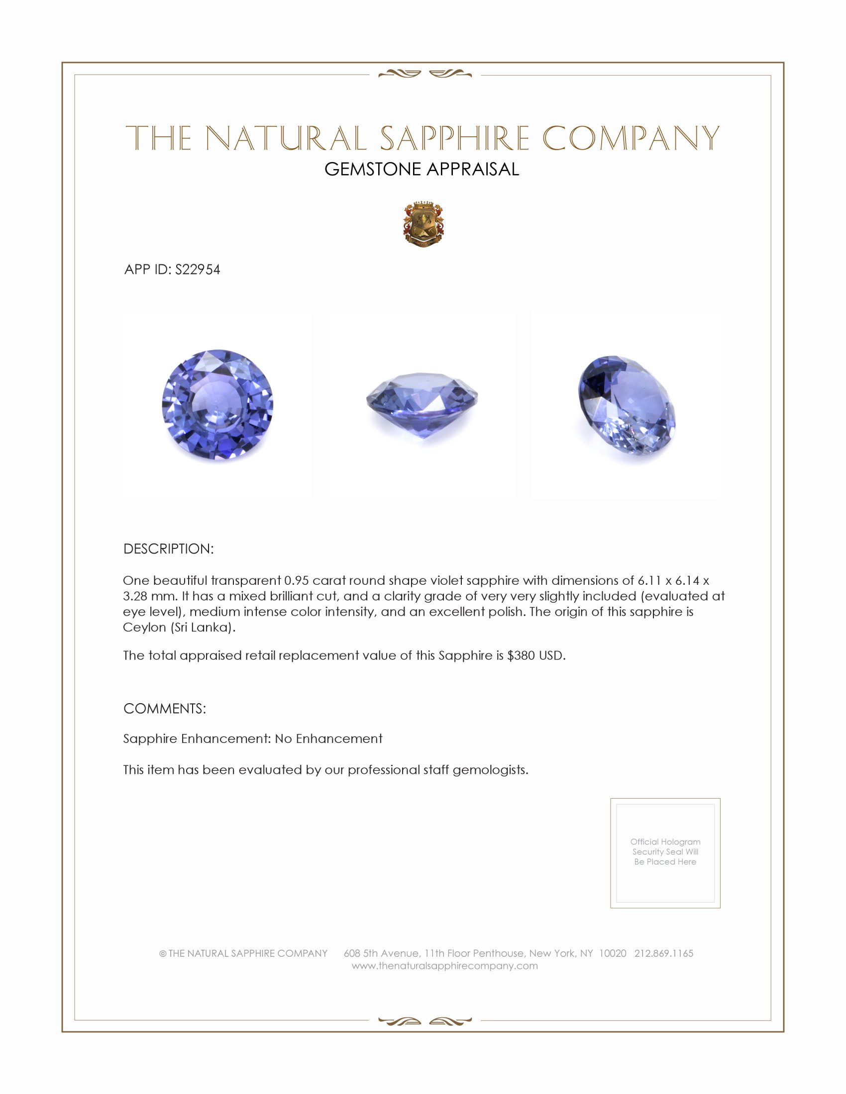 0.95 Ct. Violet Sapphire from Ceylon (Sri Lanka)