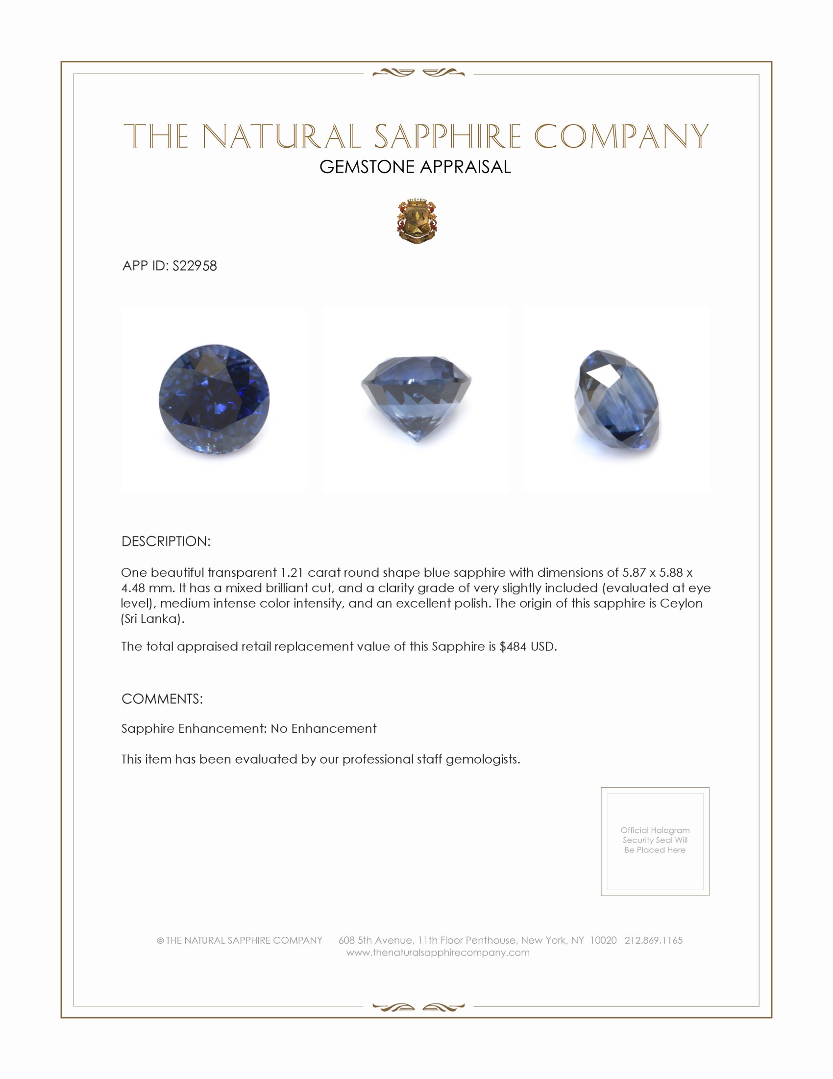 1.21 Ct. Blue Sapphire from Ceylon (Sri Lanka)