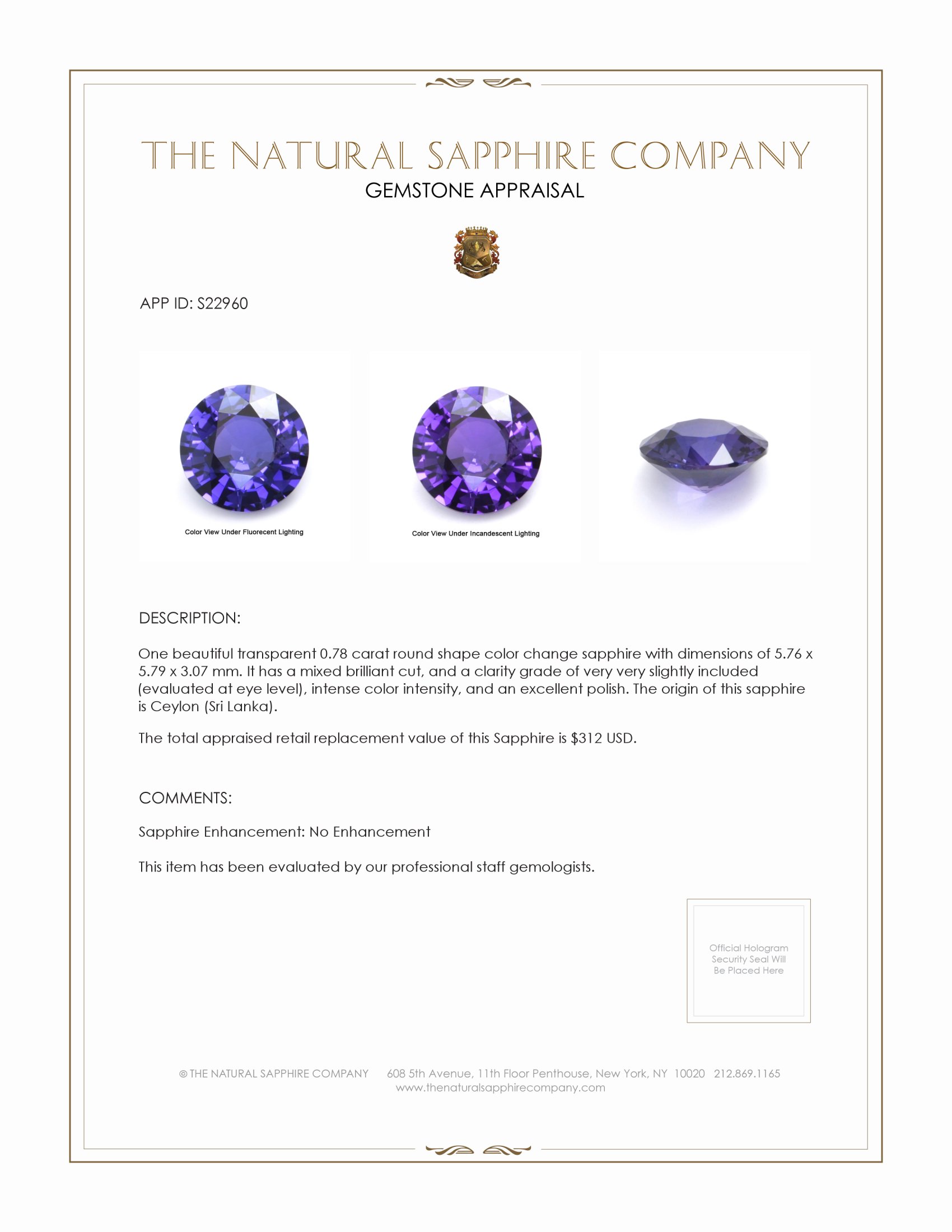 0.78 Ct. Color Change Sapphire from Ceylon (Sri Lanka)