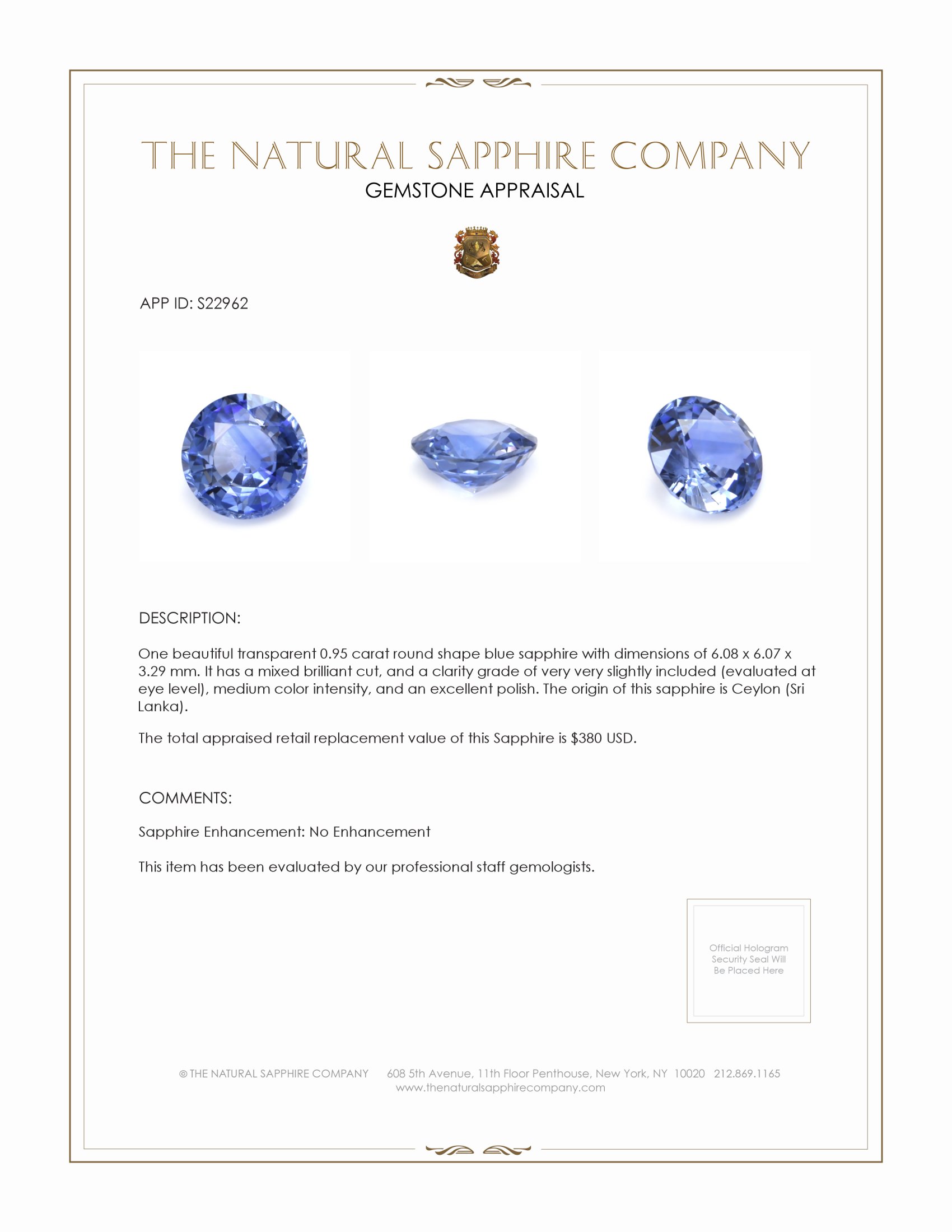 0.95 Ct. Blue Sapphire from Ceylon (Sri Lanka)