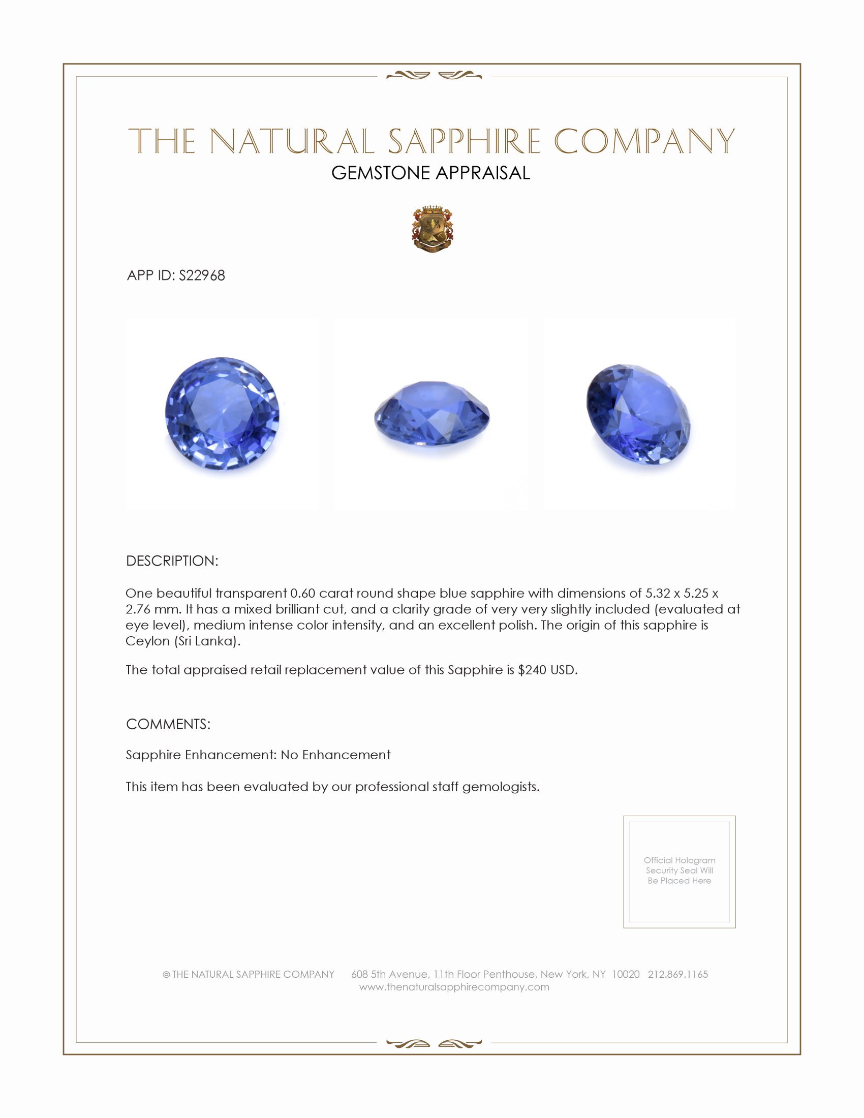 0.60 Ct. Blue Sapphire from Ceylon (Sri Lanka)