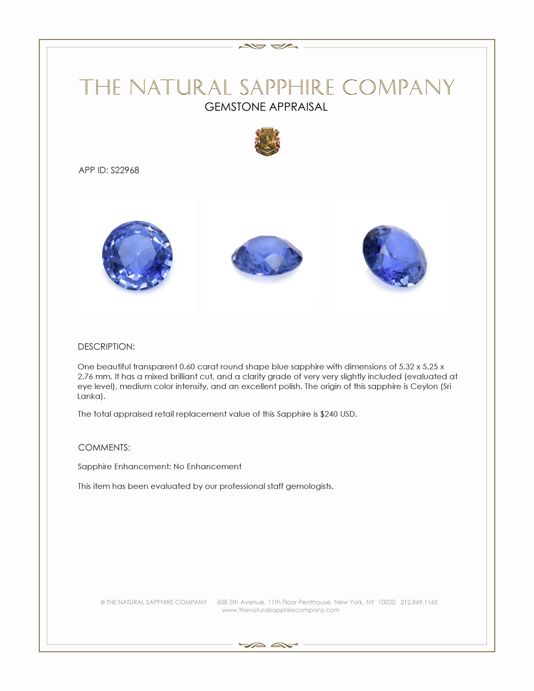 0.60 Ct. Blue Sapphire from Ceylon (Sri Lanka)