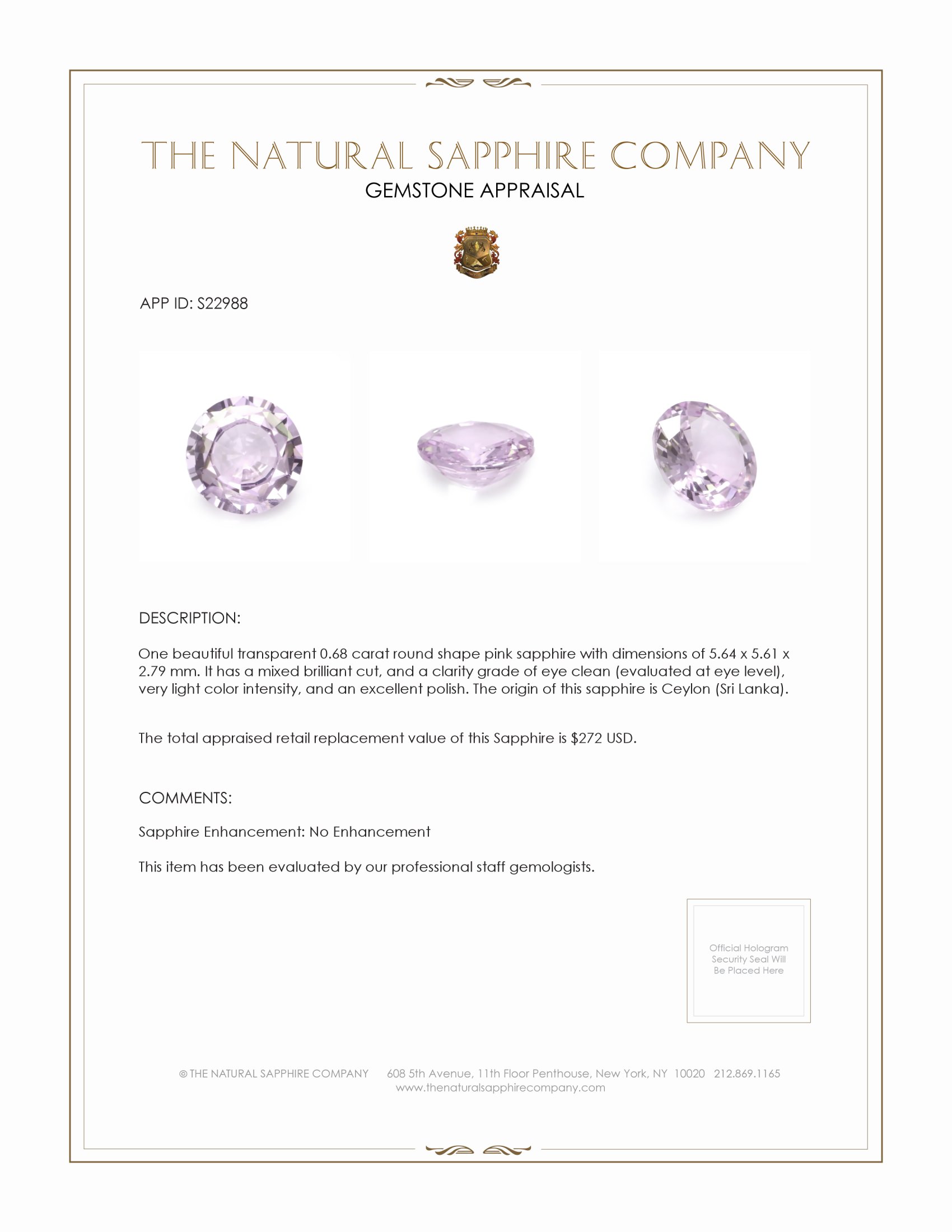 0.68 Ct. Pink Sapphire from Ceylon (Sri Lanka)