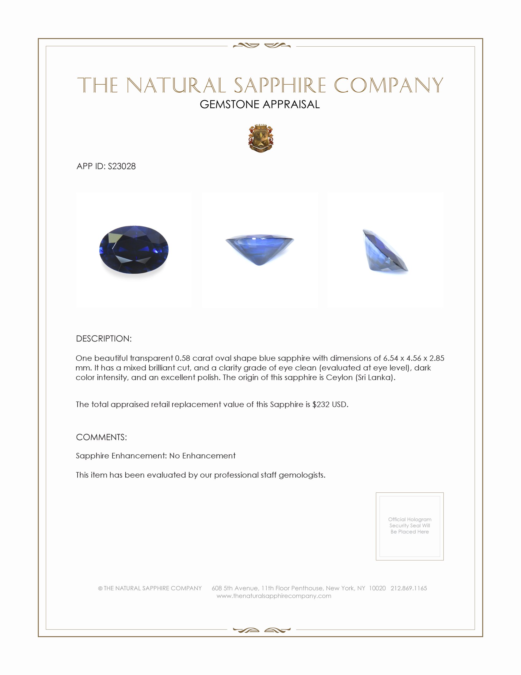 0.58 Ct. Blue Sapphire from Ceylon (Sri Lanka)