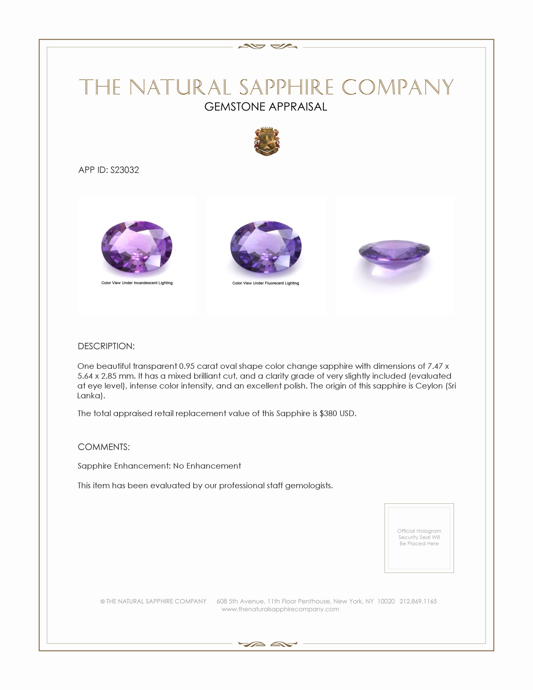 0.95 Ct. Color Change Sapphire from Ceylon (Sri Lanka)