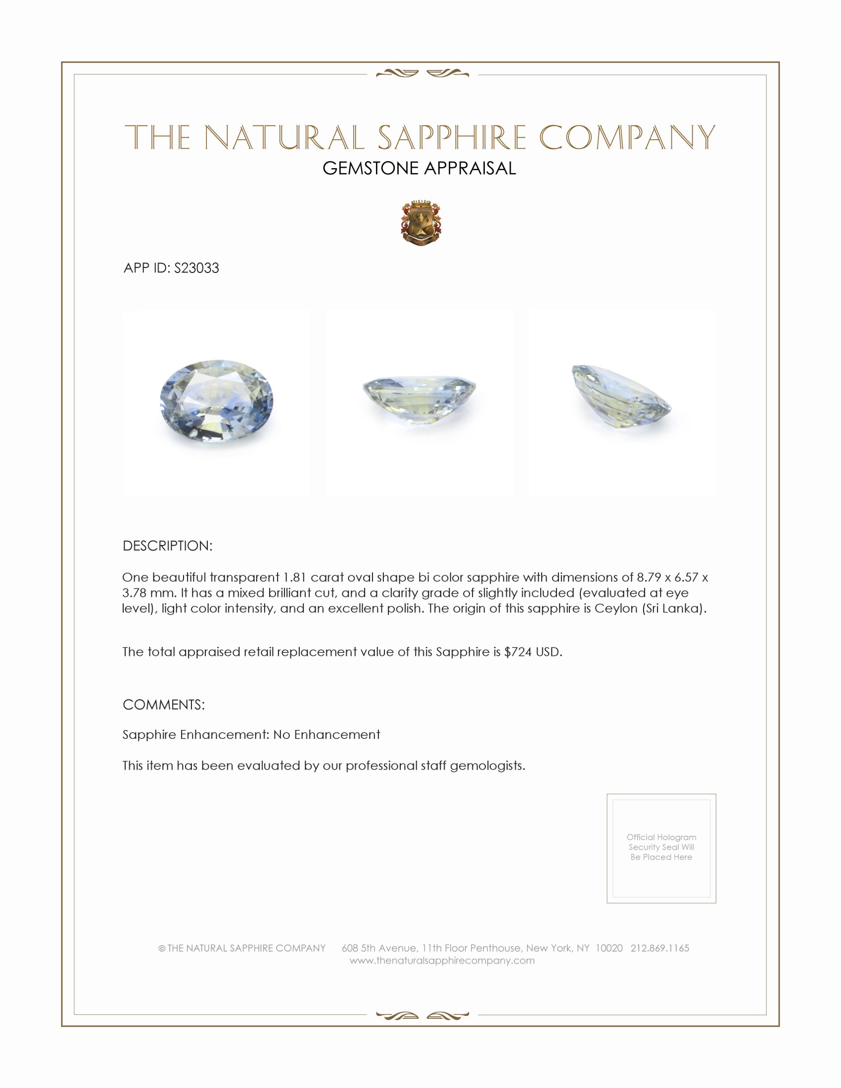 1.81 Ct. Bi Color / Parti Sapphire from Ceylon (Sri Lanka)