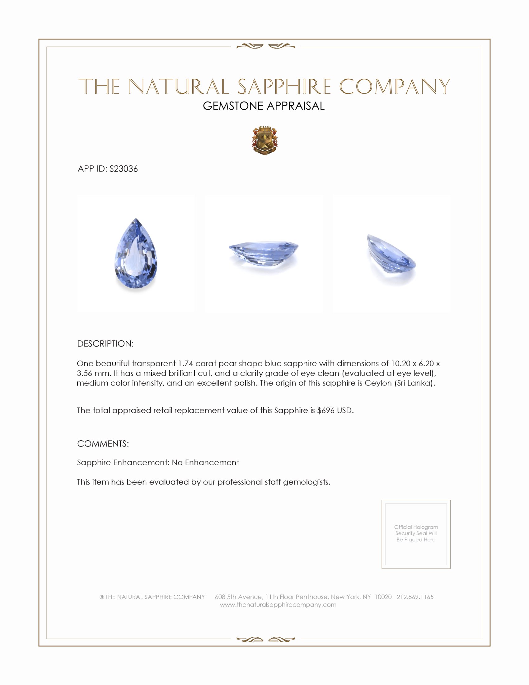 1.74 Ct. Blue Sapphire from Ceylon (Sri Lanka)