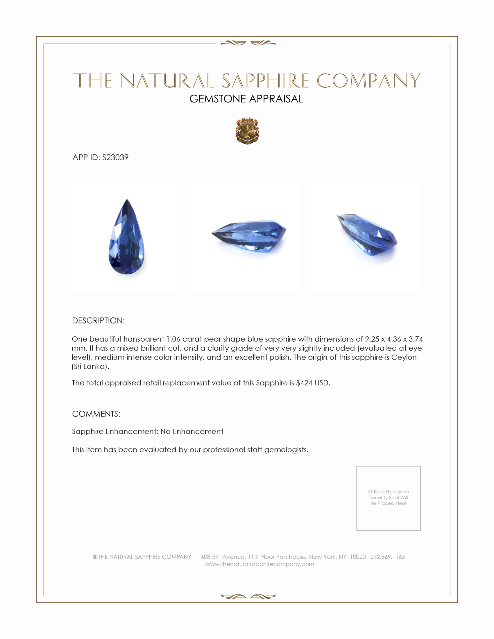 1.06 Ct. Blue Sapphire from Ceylon (Sri Lanka)