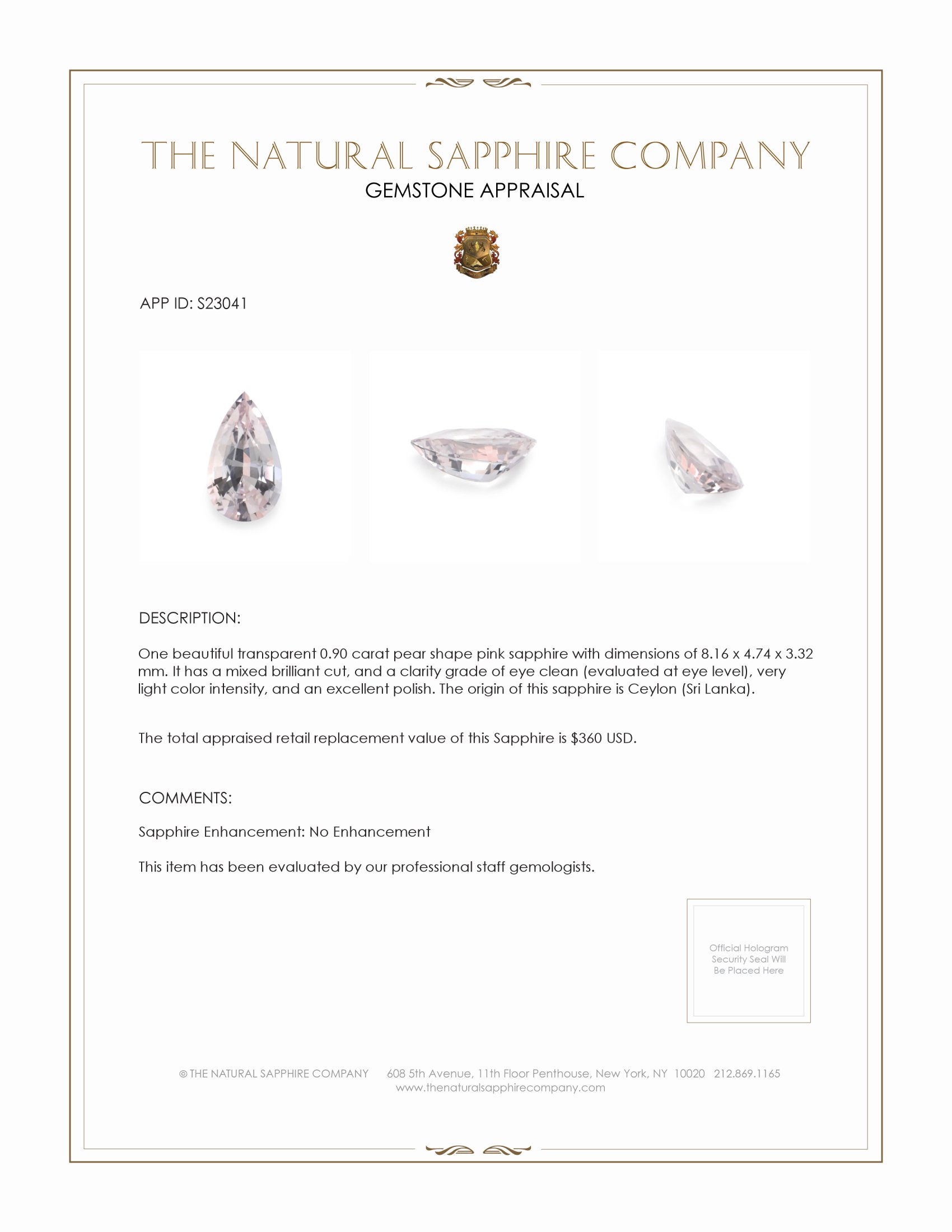 0.90 Ct. Pink Sapphire from Ceylon (Sri Lanka)