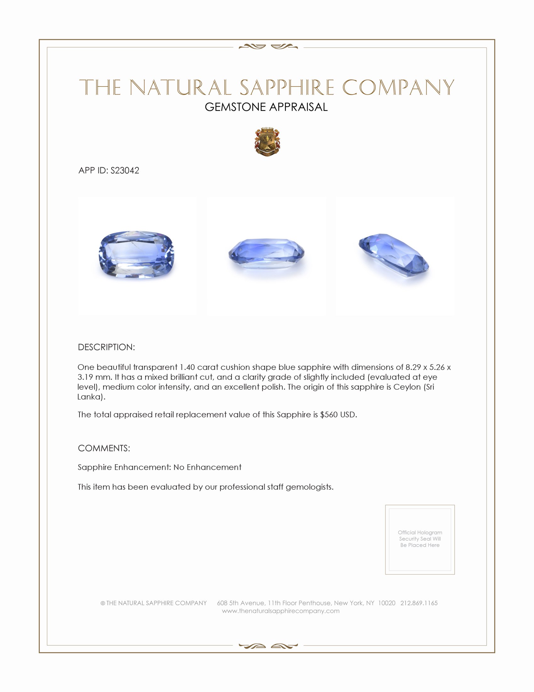 1.40 Ct. Blue Sapphire from Ceylon (Sri Lanka)