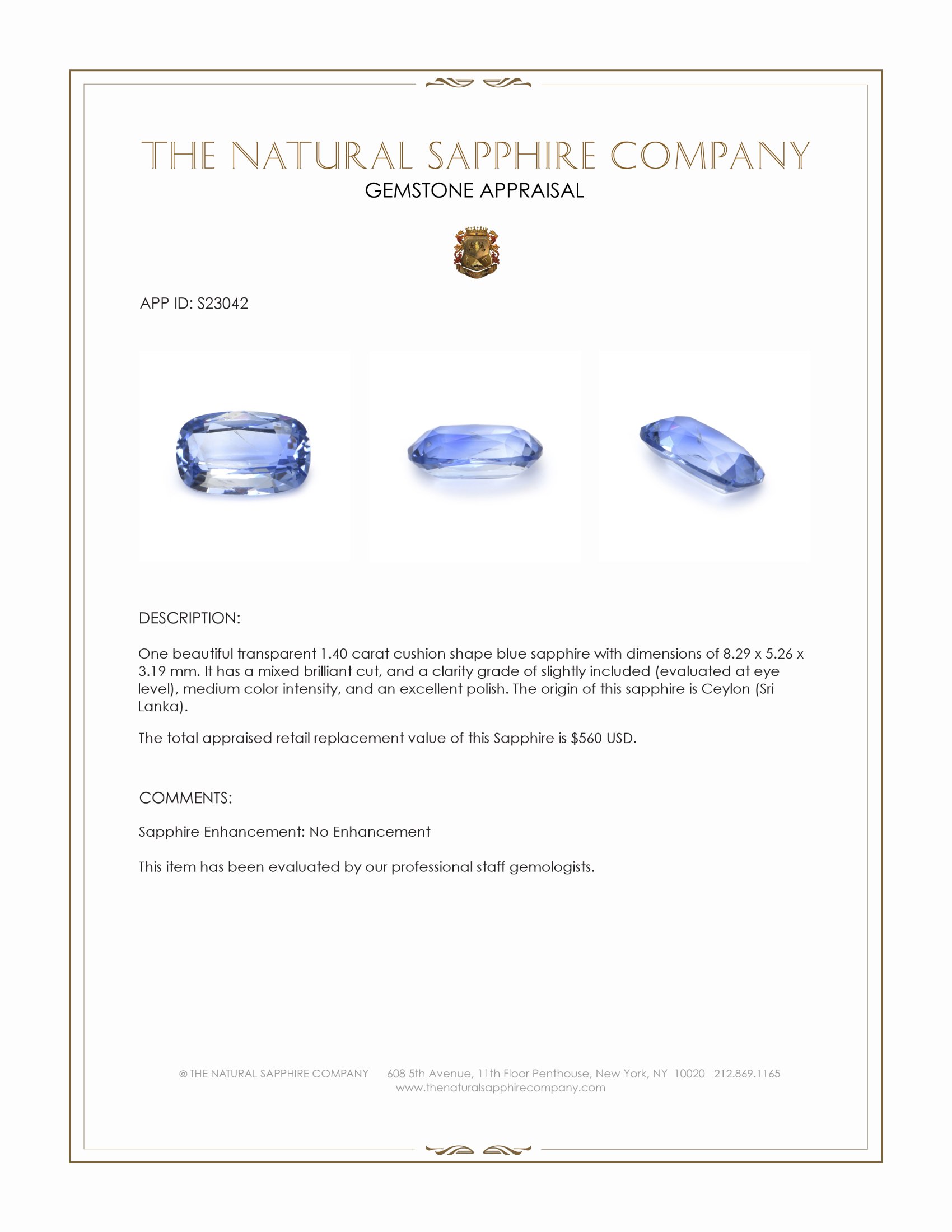 1.40 Ct. Blue Sapphire from Ceylon (Sri Lanka)
