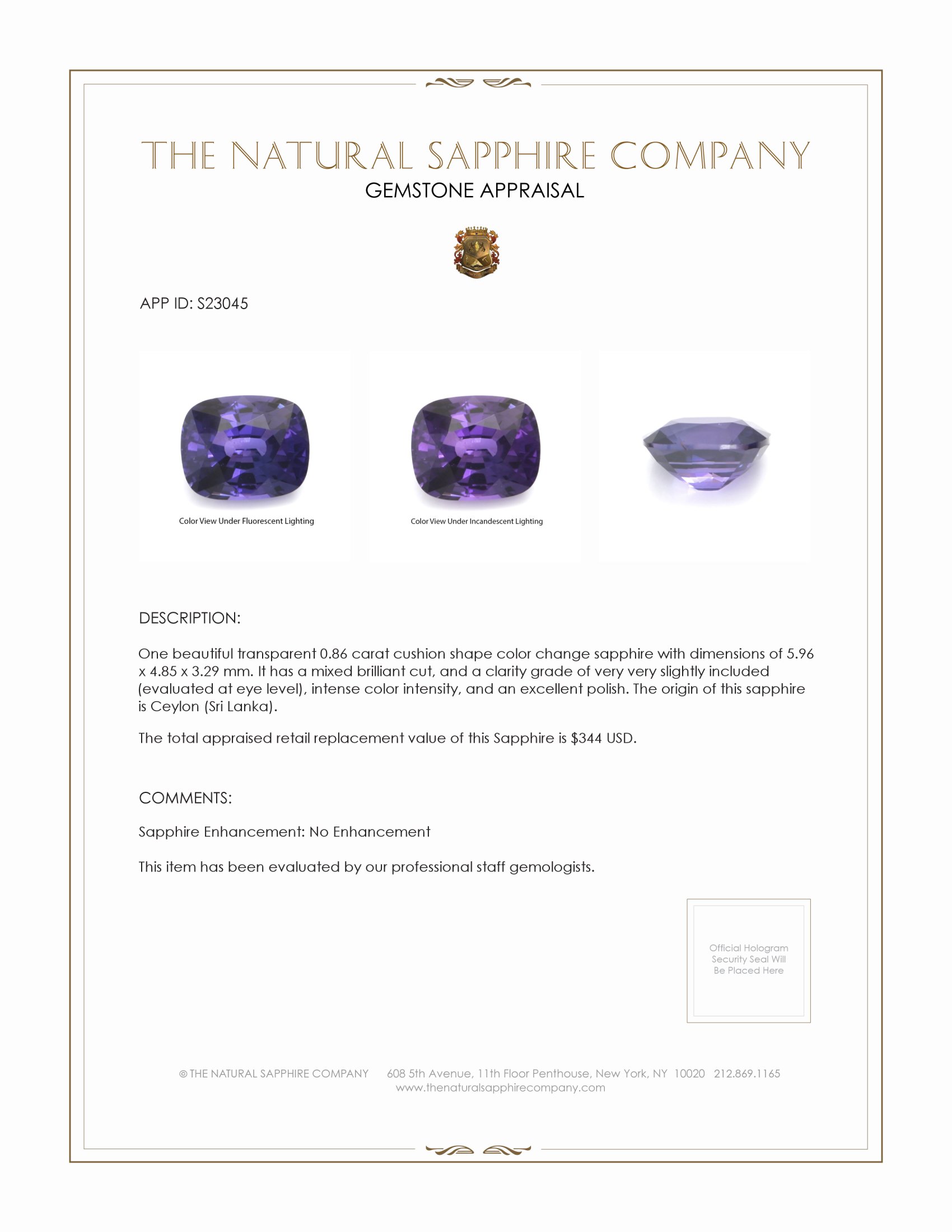 0.86 Ct. Color Change Sapphire from Ceylon (Sri Lanka)