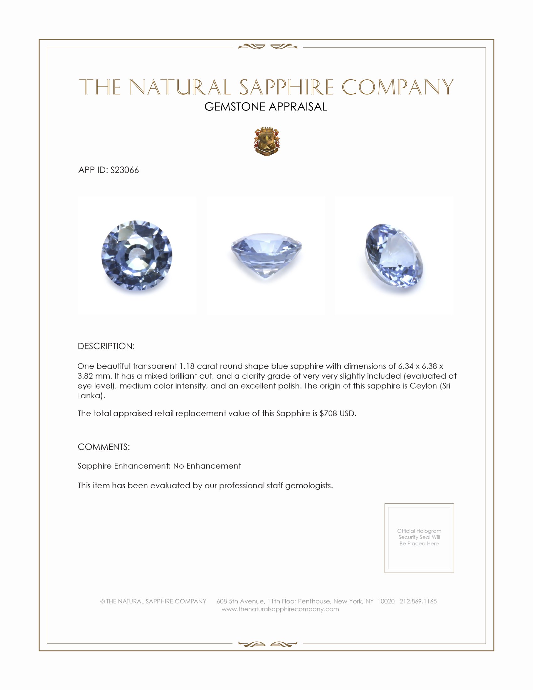 1.18 Ct. Blue Sapphire from Ceylon (Sri Lanka)