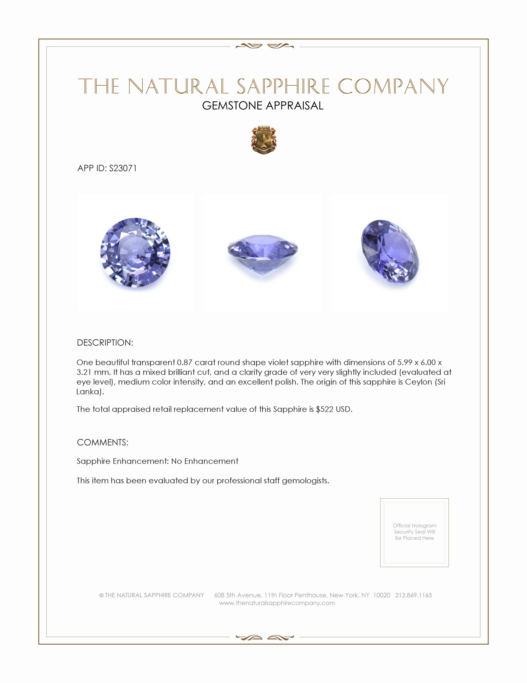 0.87 Ct. Violet Sapphire from Ceylon (Sri Lanka)