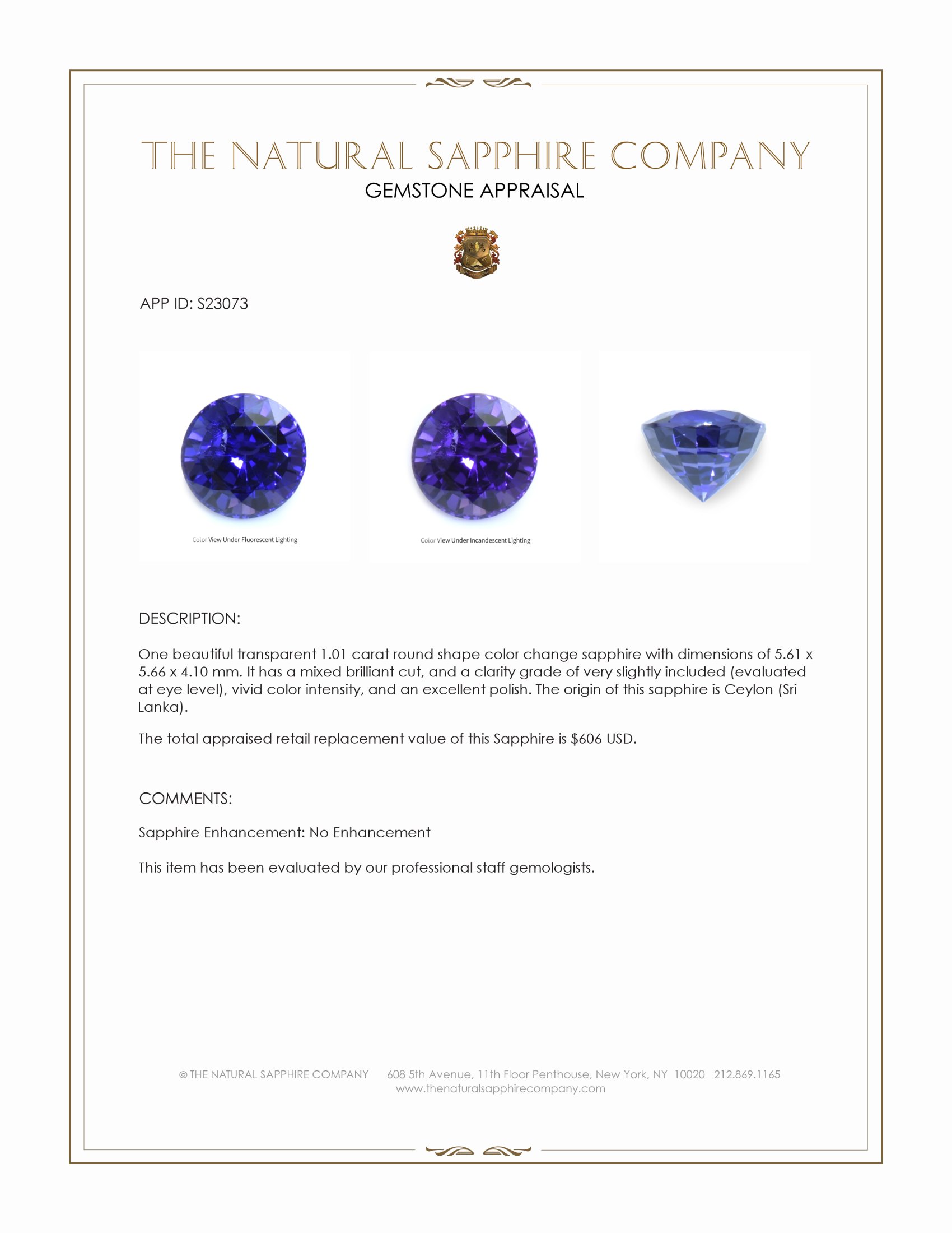 1.01 Ct. Color Change Sapphire from Ceylon (Sri Lanka)