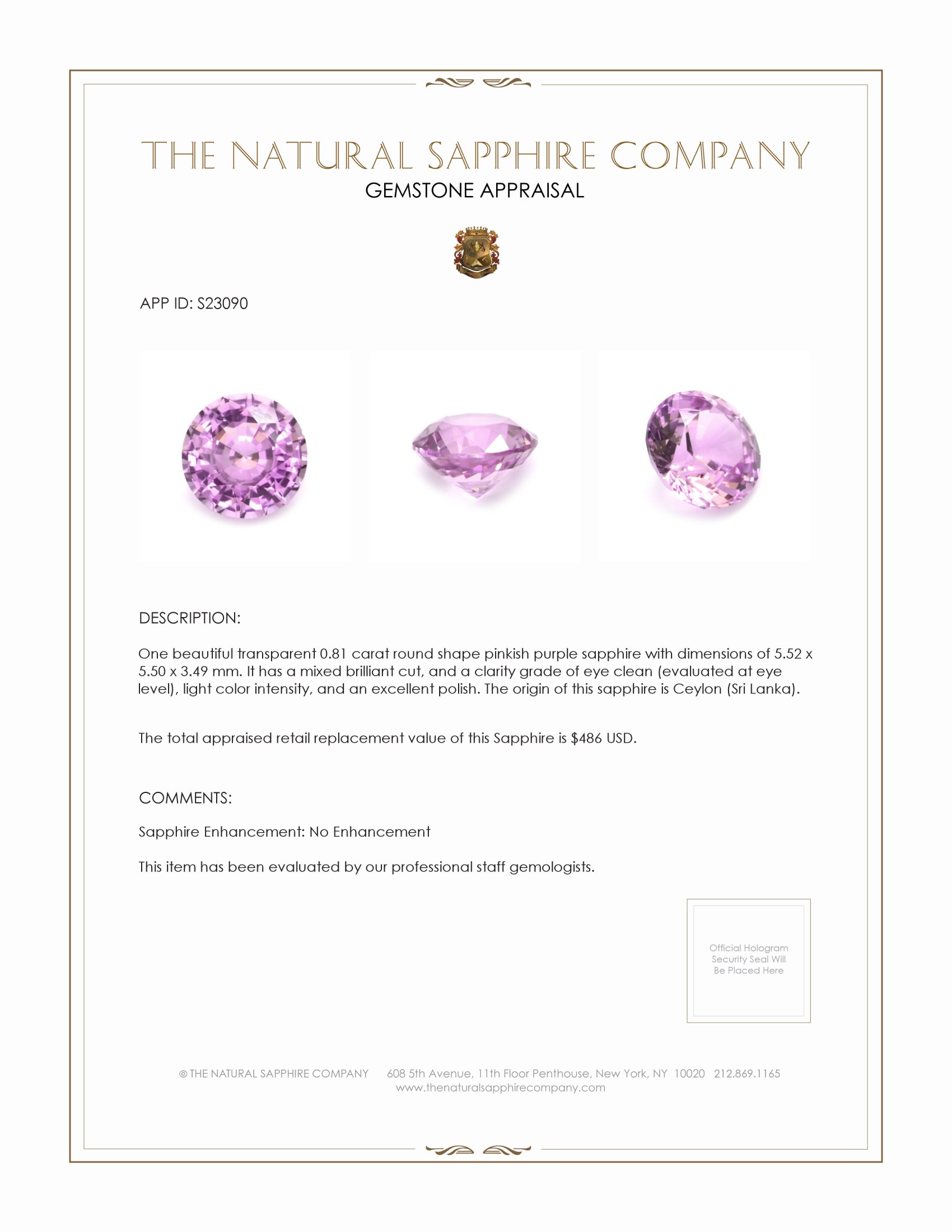 0.81 Ct. Pinkish Purple Sapphire from Ceylon (Sri Lanka)