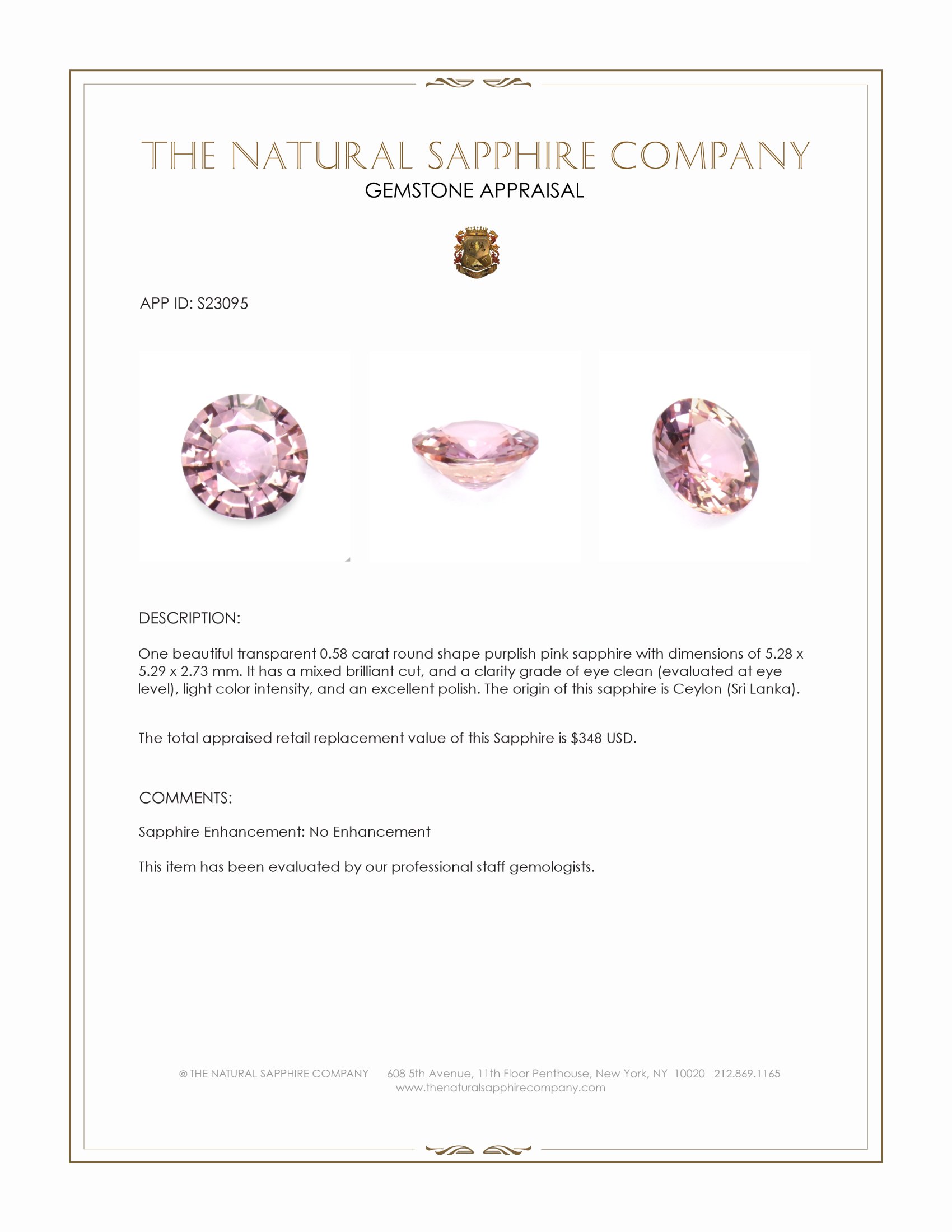 0.58 Ct. Purplish Pink Sapphire from Ceylon (Sri Lanka)