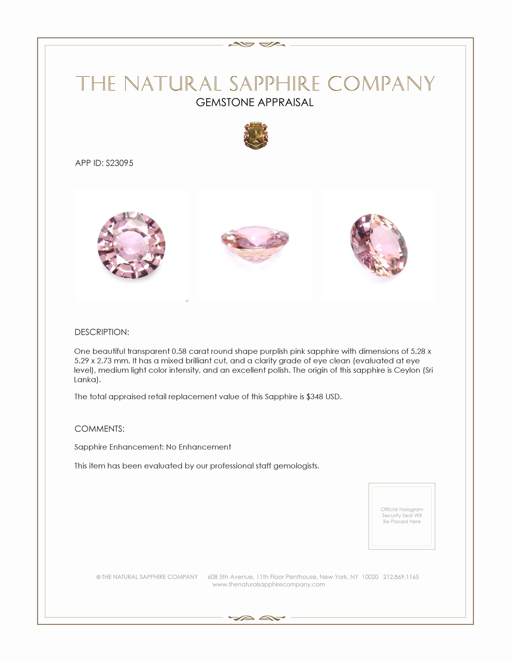 0.58 Ct. Purplish Pink Sapphire from Ceylon (Sri Lanka)