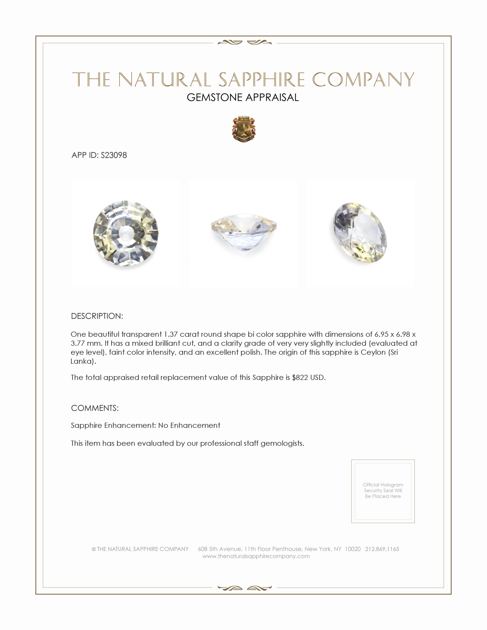 1.37 Ct. Bi Color Sapphire from Ceylon (Sri Lanka)