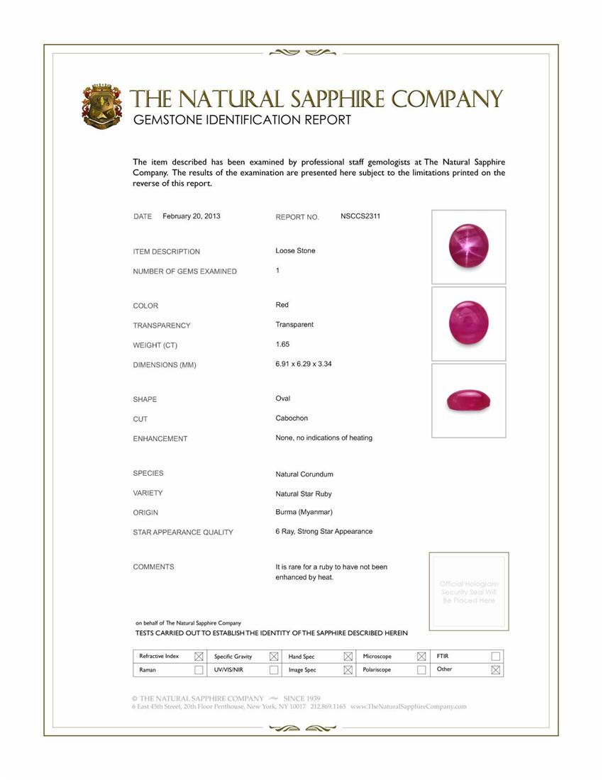 1.65 Ct. Star Ruby from Burma (Myanmar)