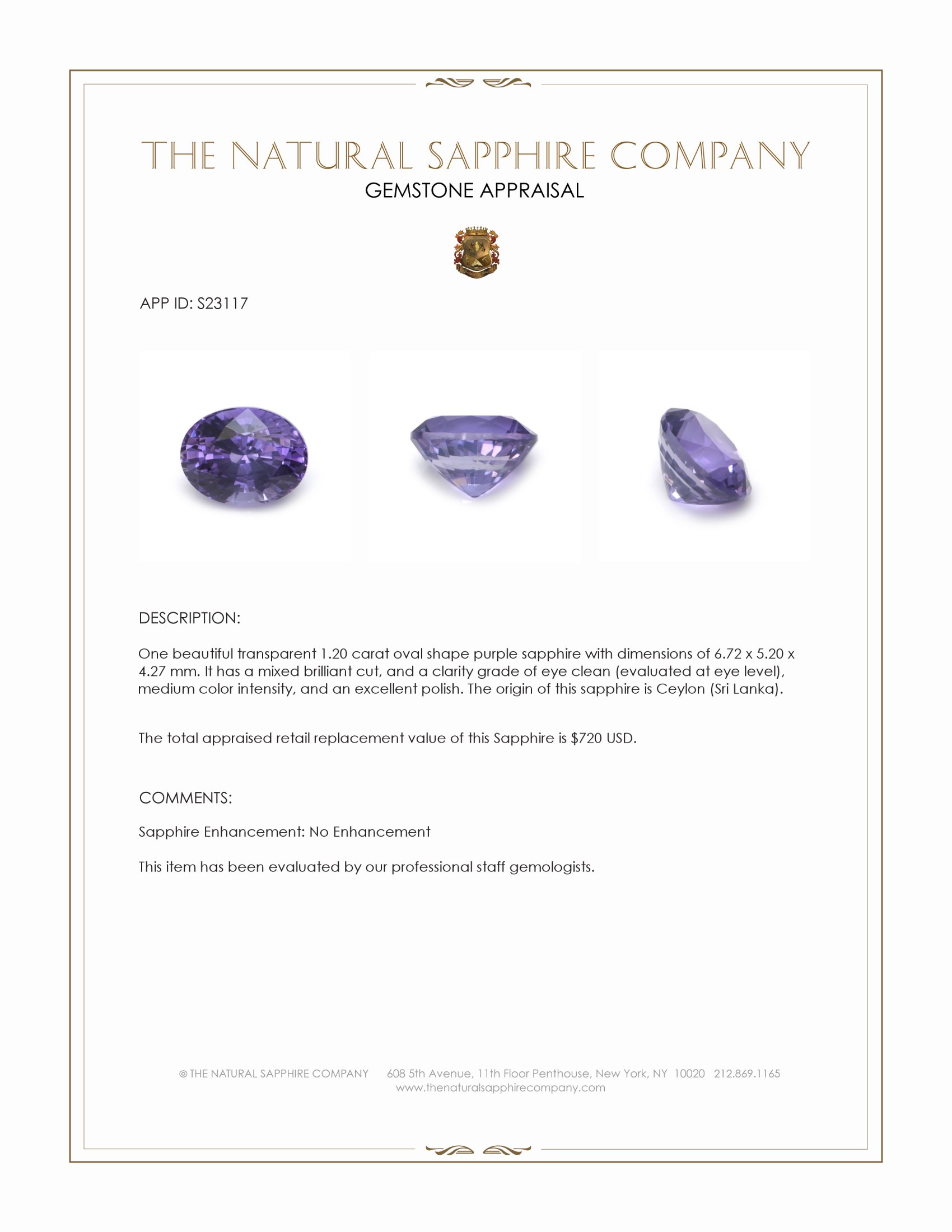 1.20 Ct. Purple Sapphire from Ceylon (Sri Lanka)