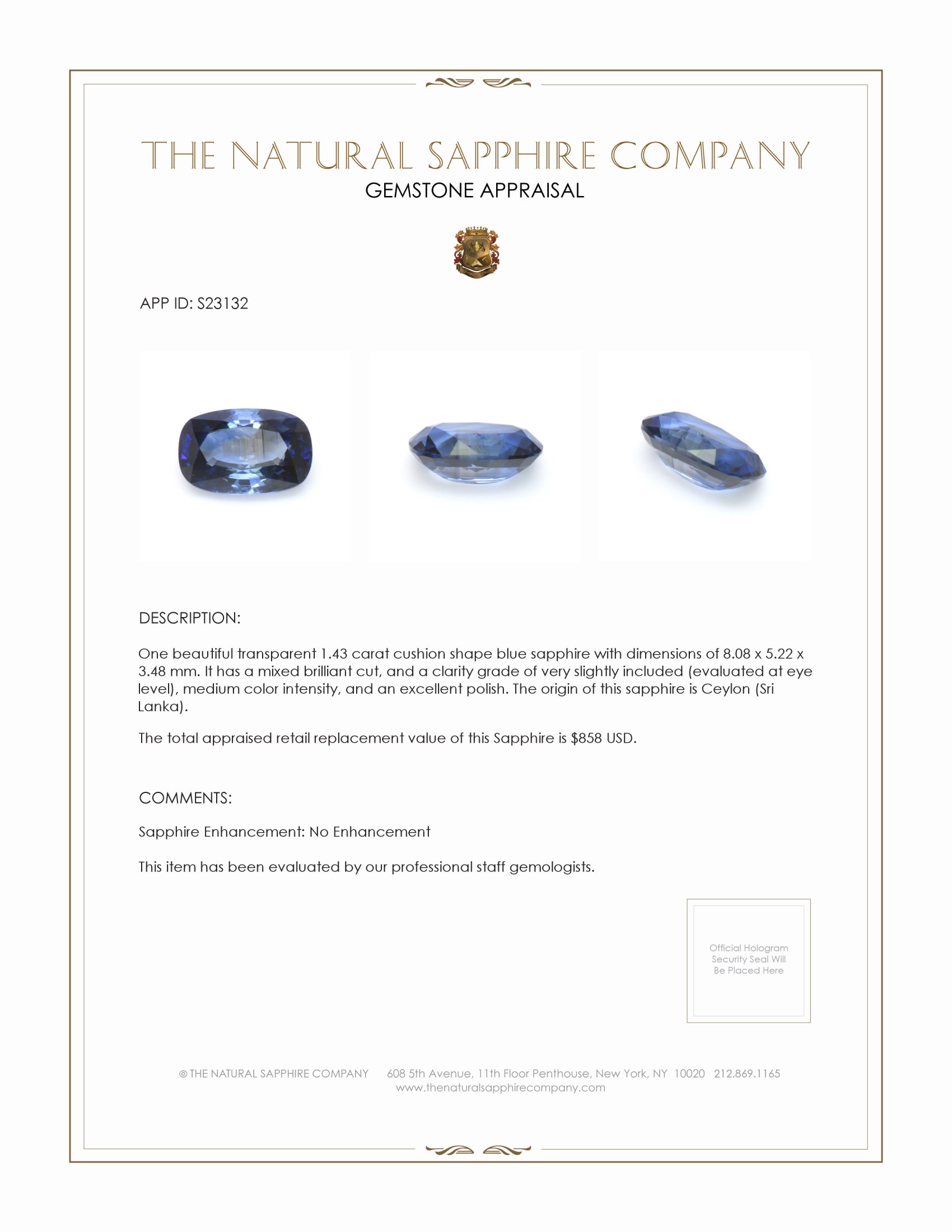 1.43 Ct. Blue Sapphire from Ceylon (Sri Lanka)