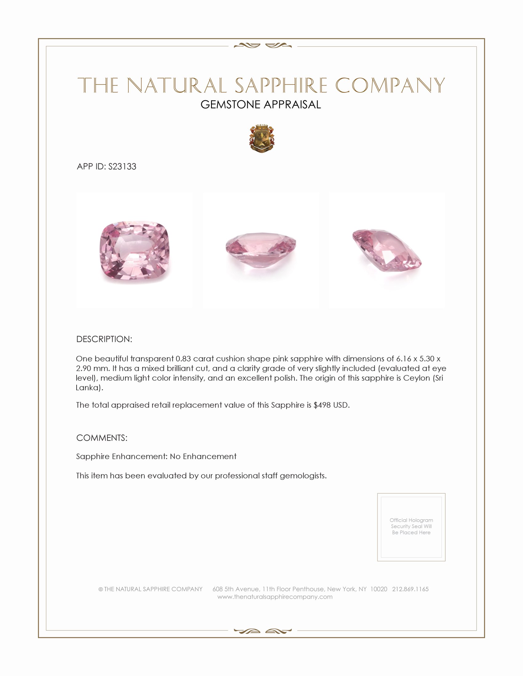 0.83 Ct. Pink Sapphire from Ceylon (Sri Lanka)