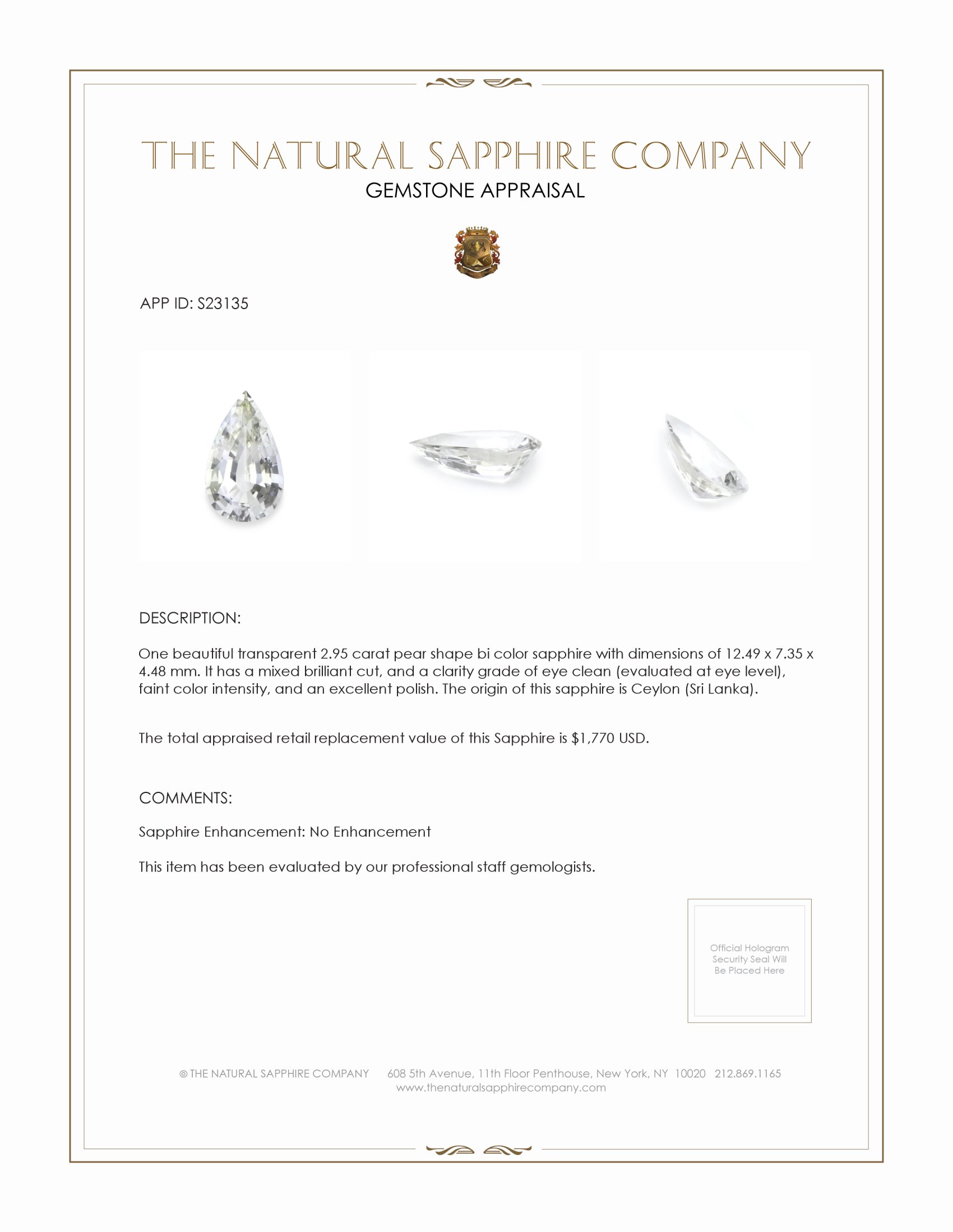 2.95 Ct. Bi Color Sapphire from Ceylon (Sri Lanka)