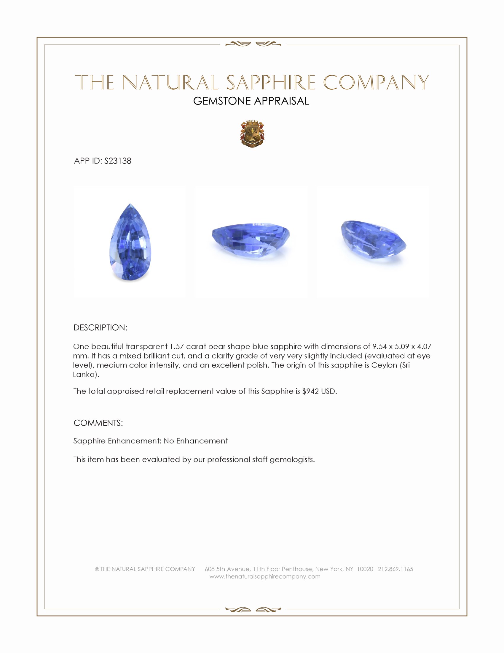 1.57 Ct. Blue Sapphire from Ceylon (Sri Lanka)