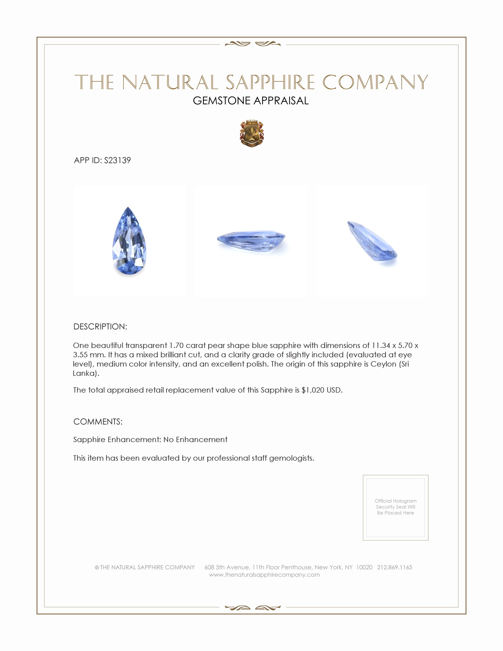 1.70 Ct. Blue Sapphire from Ceylon (Sri Lanka)