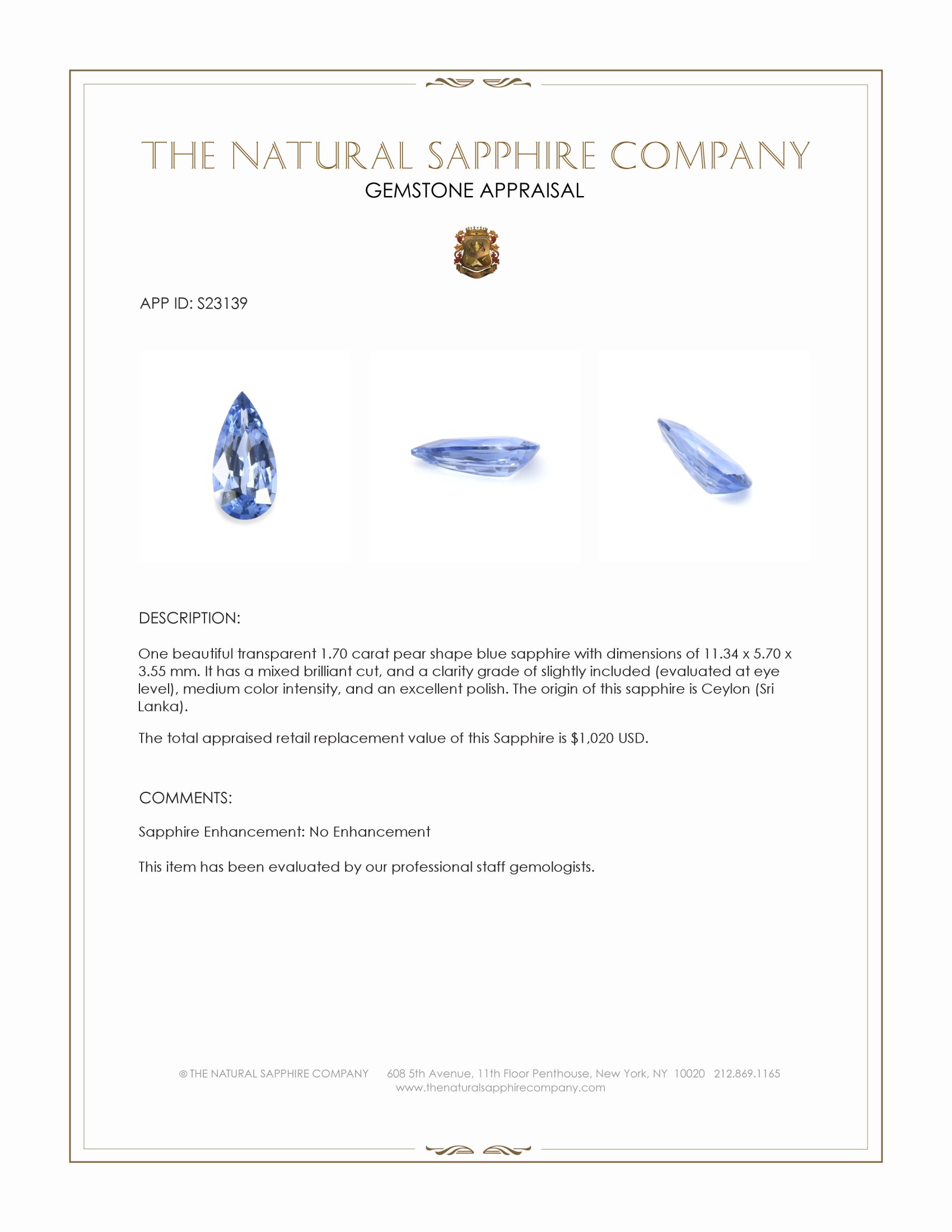 1.70 Ct. Blue Sapphire from Ceylon (Sri Lanka)