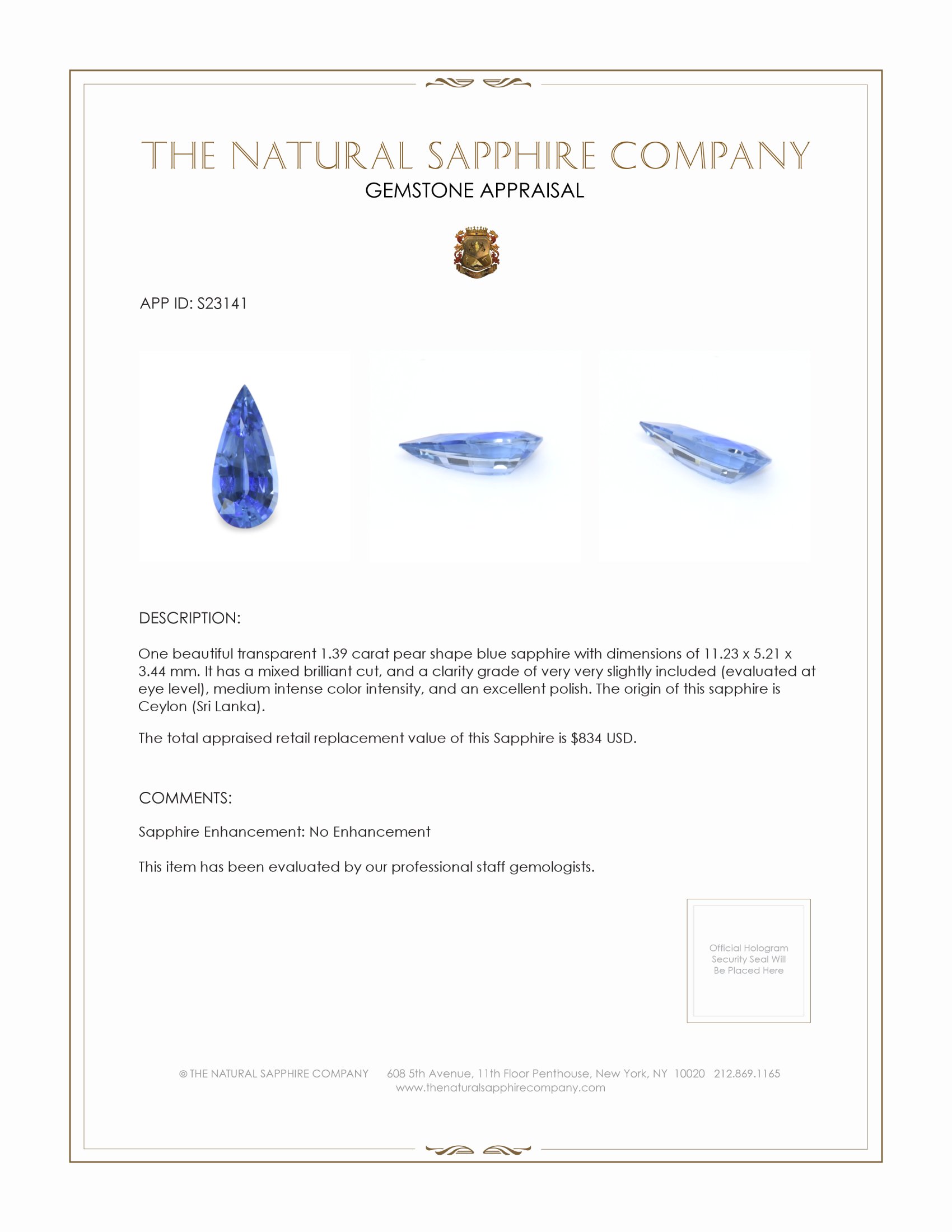 1.39 Ct. Blue Sapphire from Ceylon (Sri Lanka)