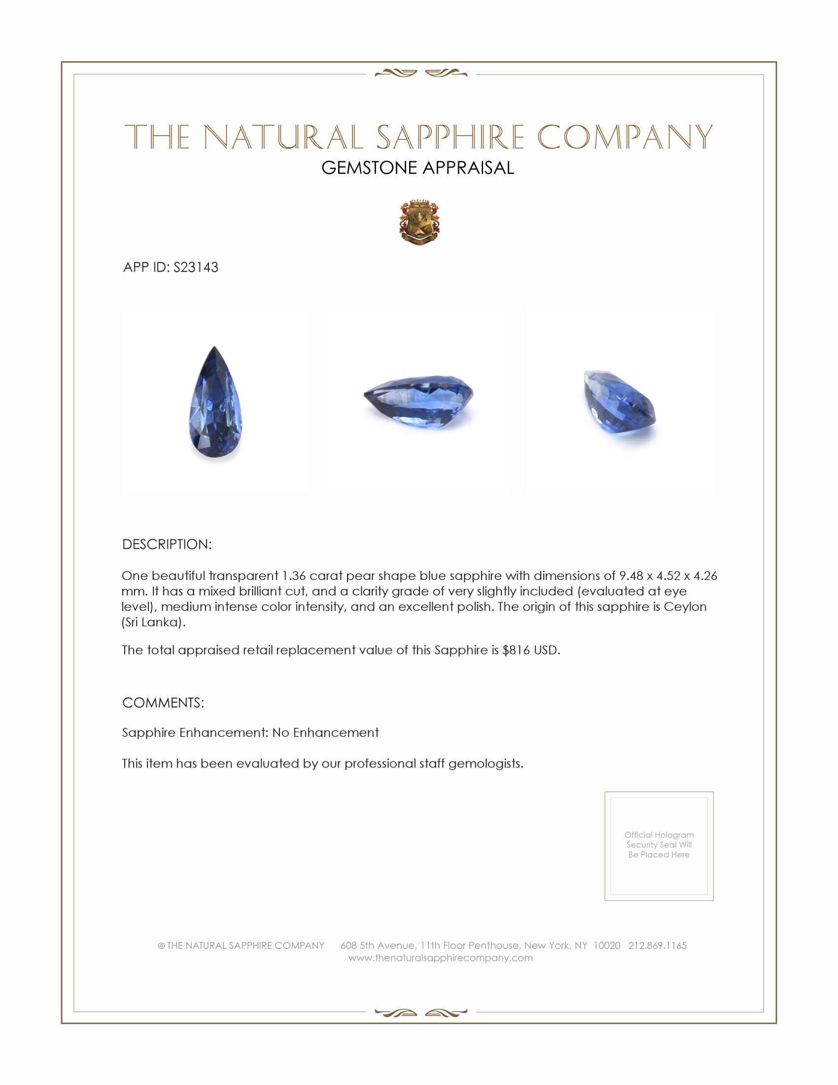 1.36 Ct. Blue Sapphire from Ceylon (Sri Lanka)