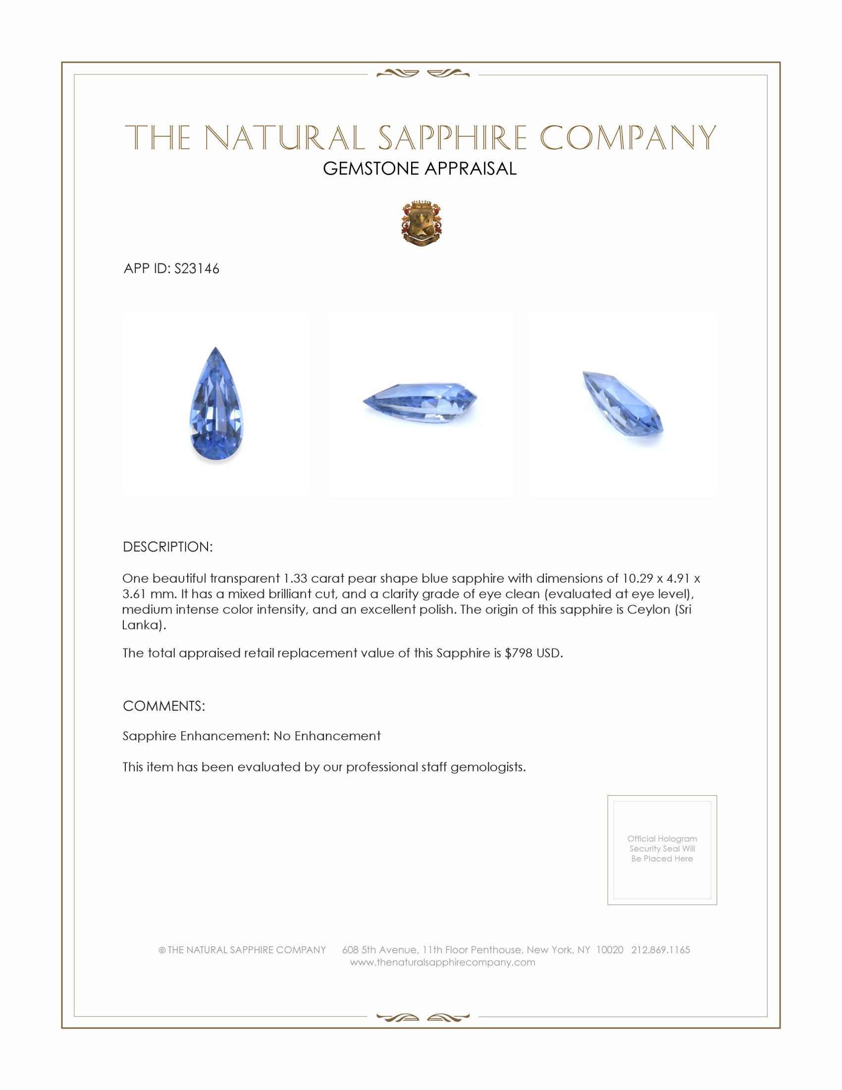 1.33 Ct. Blue Sapphire from Ceylon (Sri Lanka)