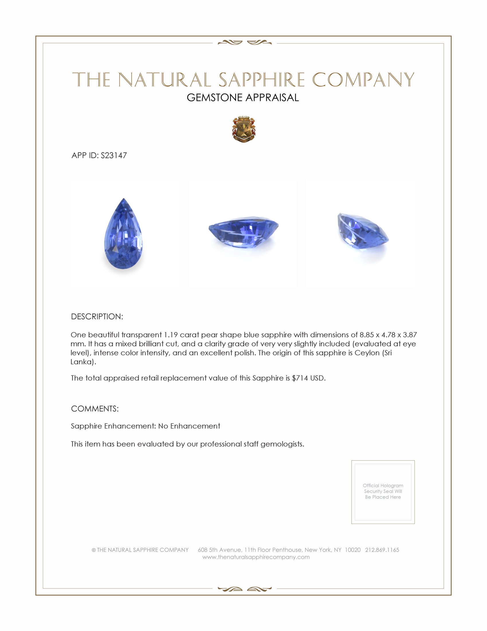 1.19 Ct. Blue Sapphire from Ceylon (Sri Lanka)