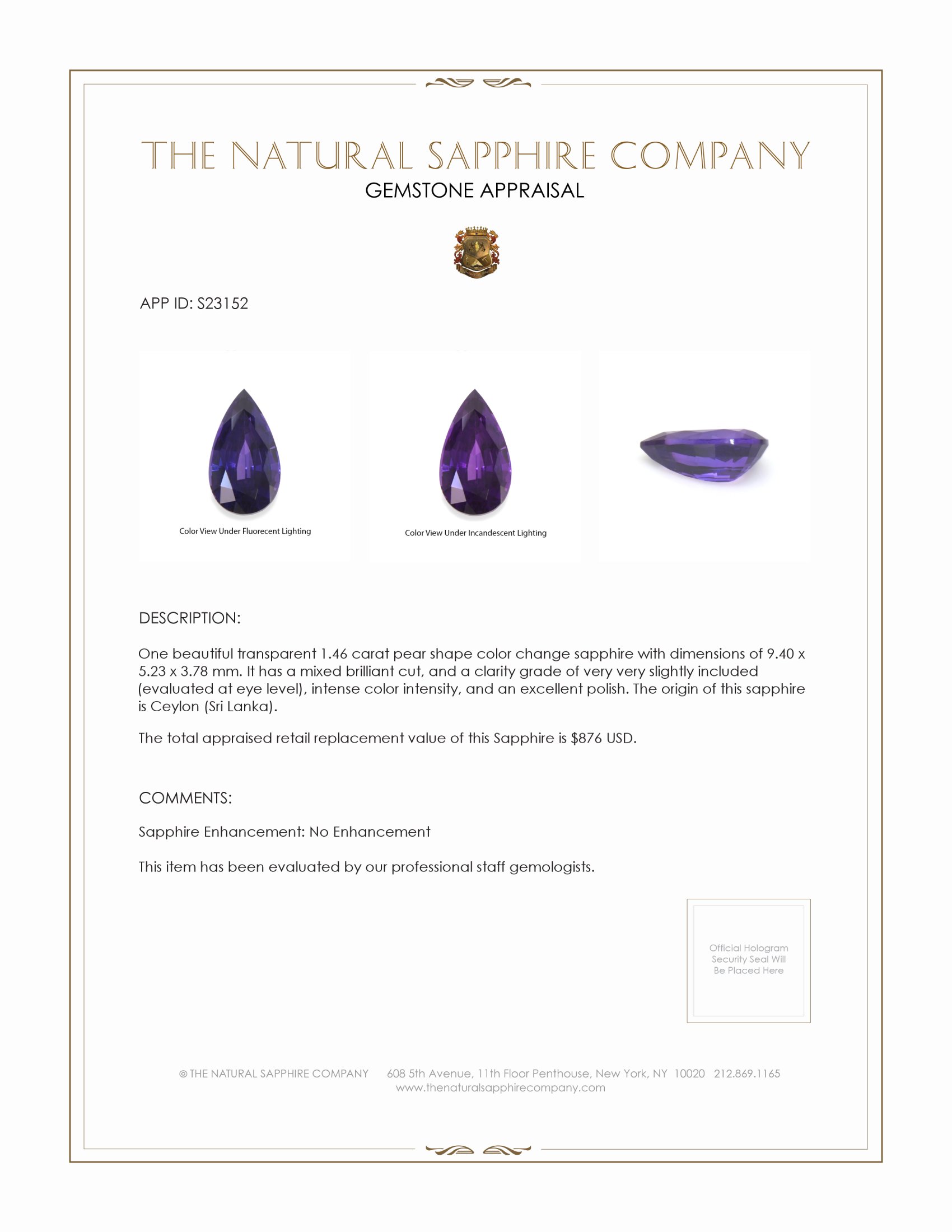 1.46 Ct. Color Change Sapphire from Ceylon (Sri Lanka)