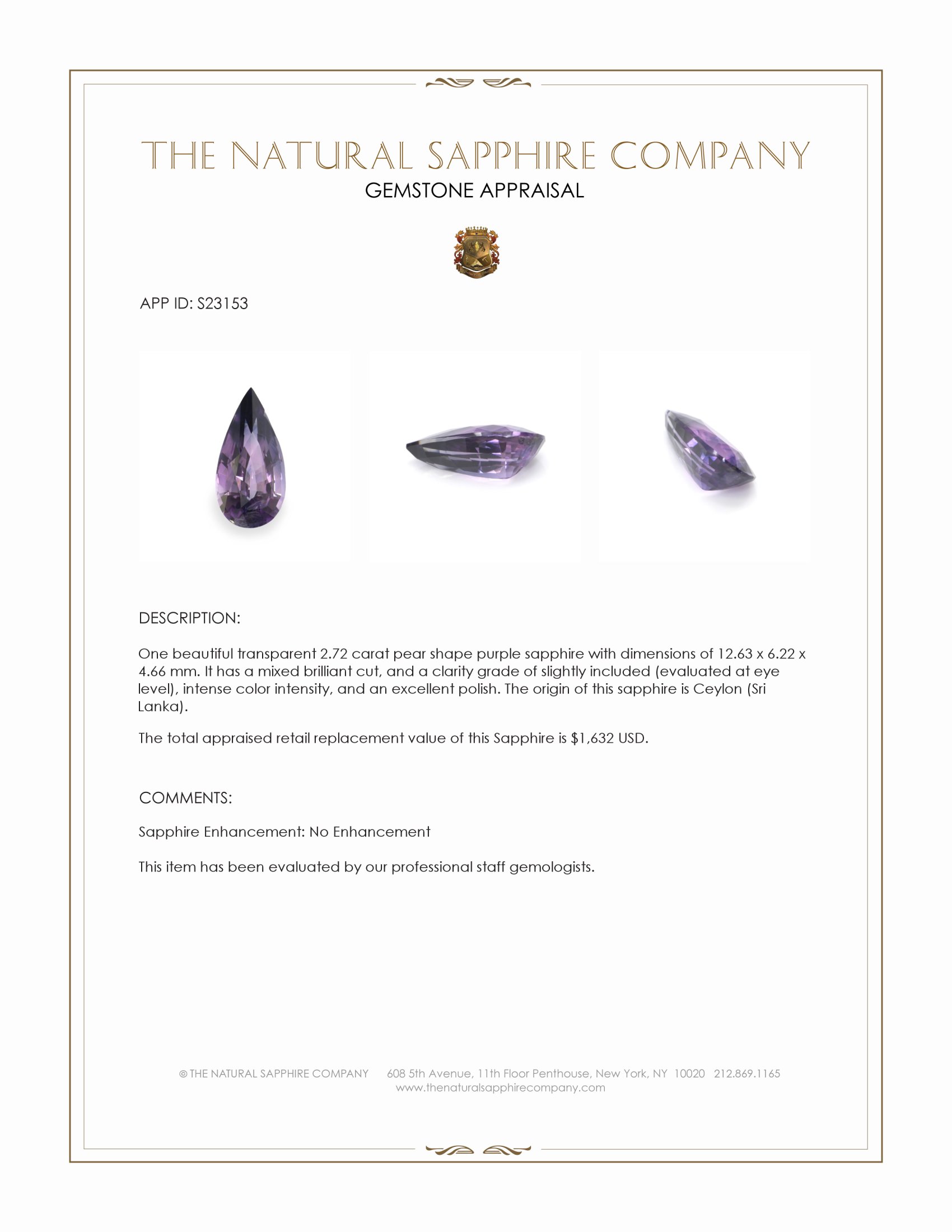 2.72 Ct. Purple Sapphire from Ceylon (Sri Lanka)