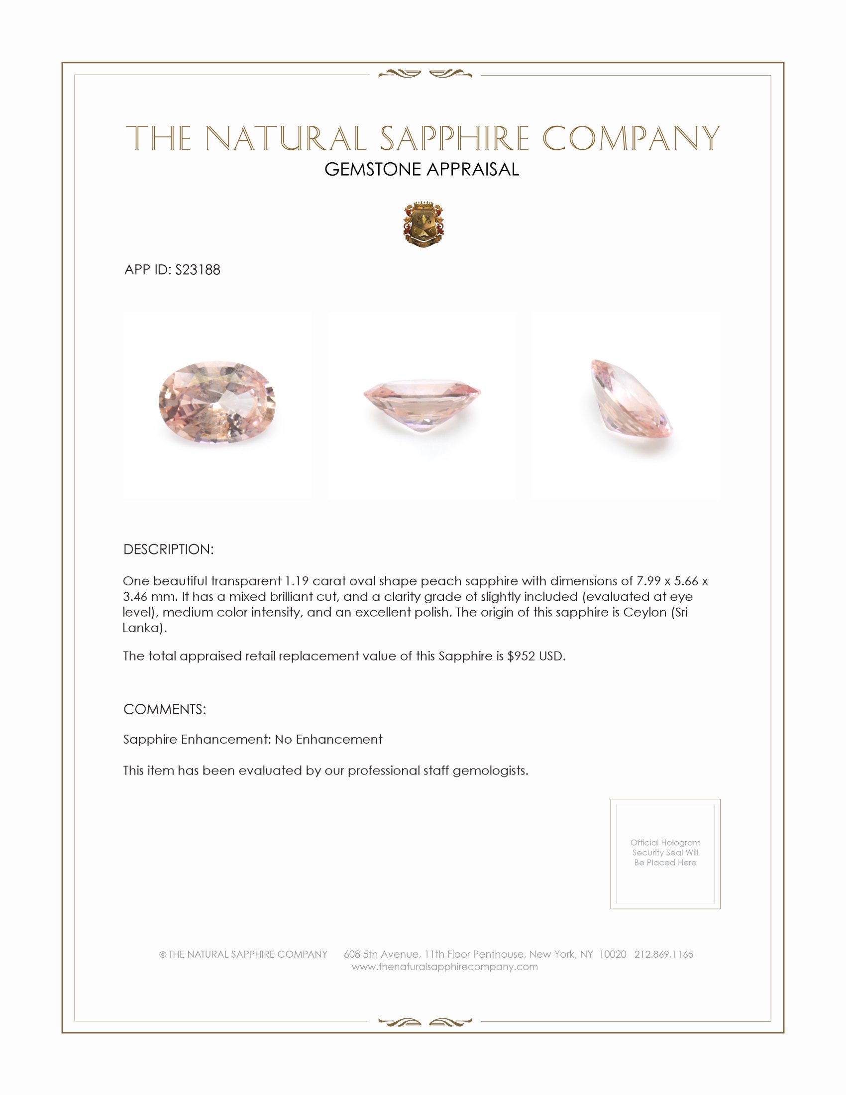 1.19 Ct. Peach Sapphire from Ceylon (Sri Lanka)